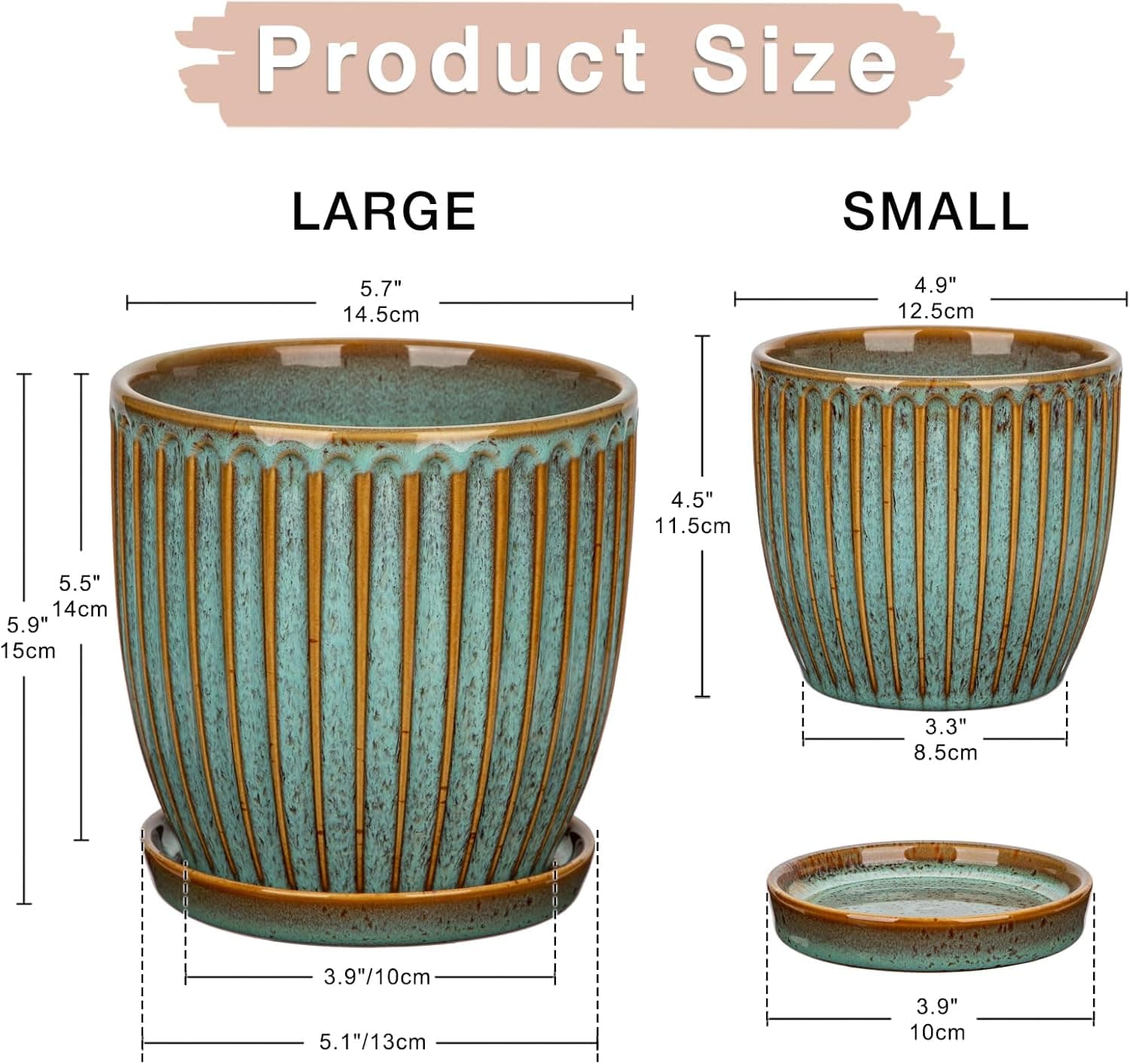 Oairse Vasos de cerâmica para plantas de interior, 12 + 14 cm, conjunto de 2 cinza azulado com orifícios de drenagem e pires, plantadores de textura para suculentas, flores internas e externas - Imagem 3