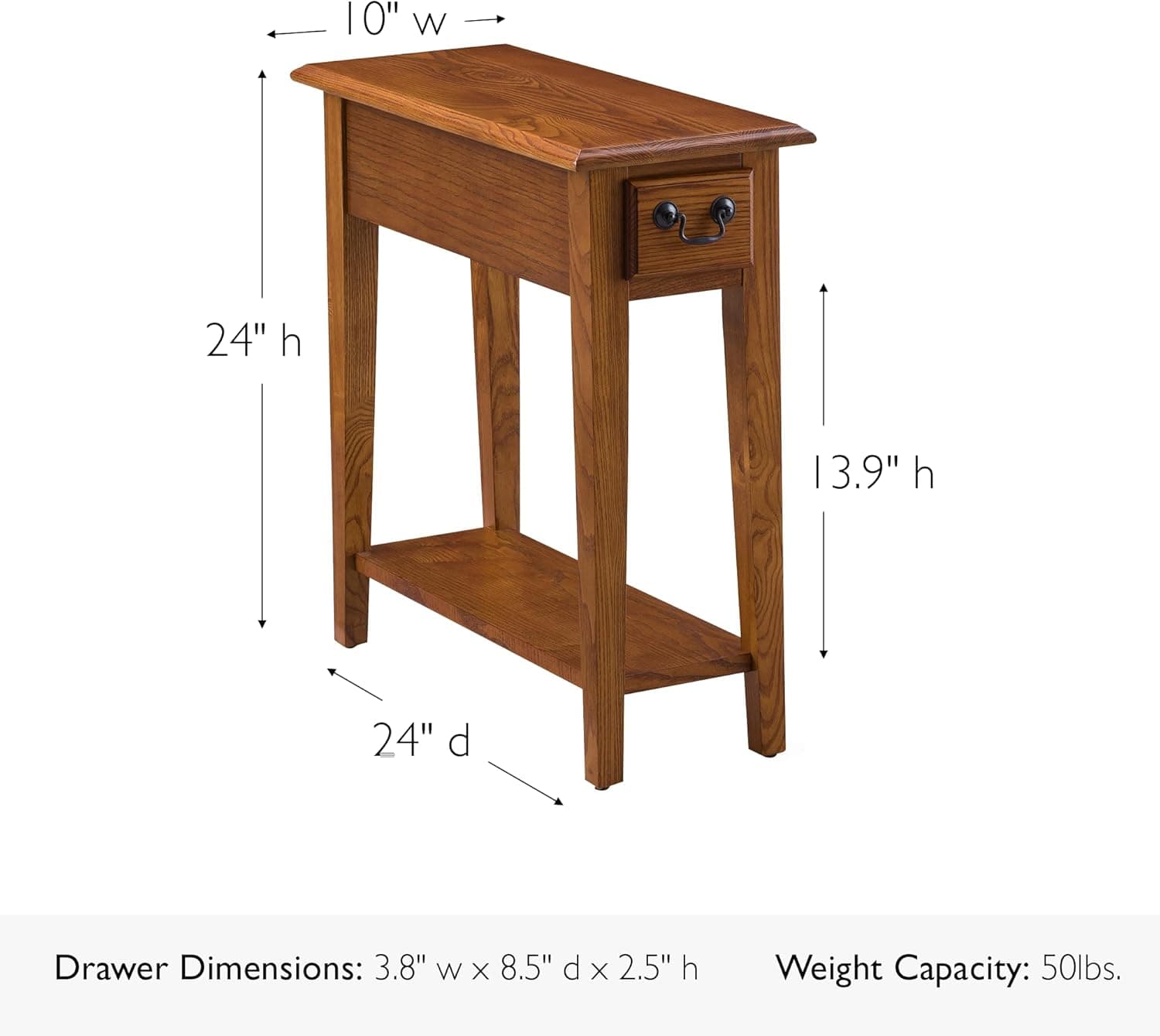 Mesa de canto Leick Home Haven Ridge, madeira maciça, 1 gaveta de armazenamento, prateleira inferior para exibição, estreita, fácil montagem, carvalho médio, 61 cm C x 25 cm L x 61 cm A, 9017-MED - Imagem 4