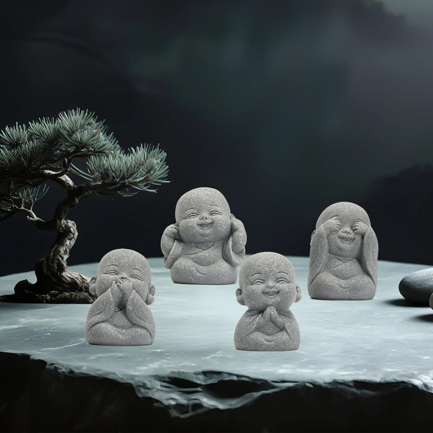 4 peças estátua de Buda rindo para decoração de boa sorte Feng Shui, linda estátua de Buda de arenito Zen Monge Zen para decoração de casa e aquário, não veja o mal, não ouça o mal, não fale
