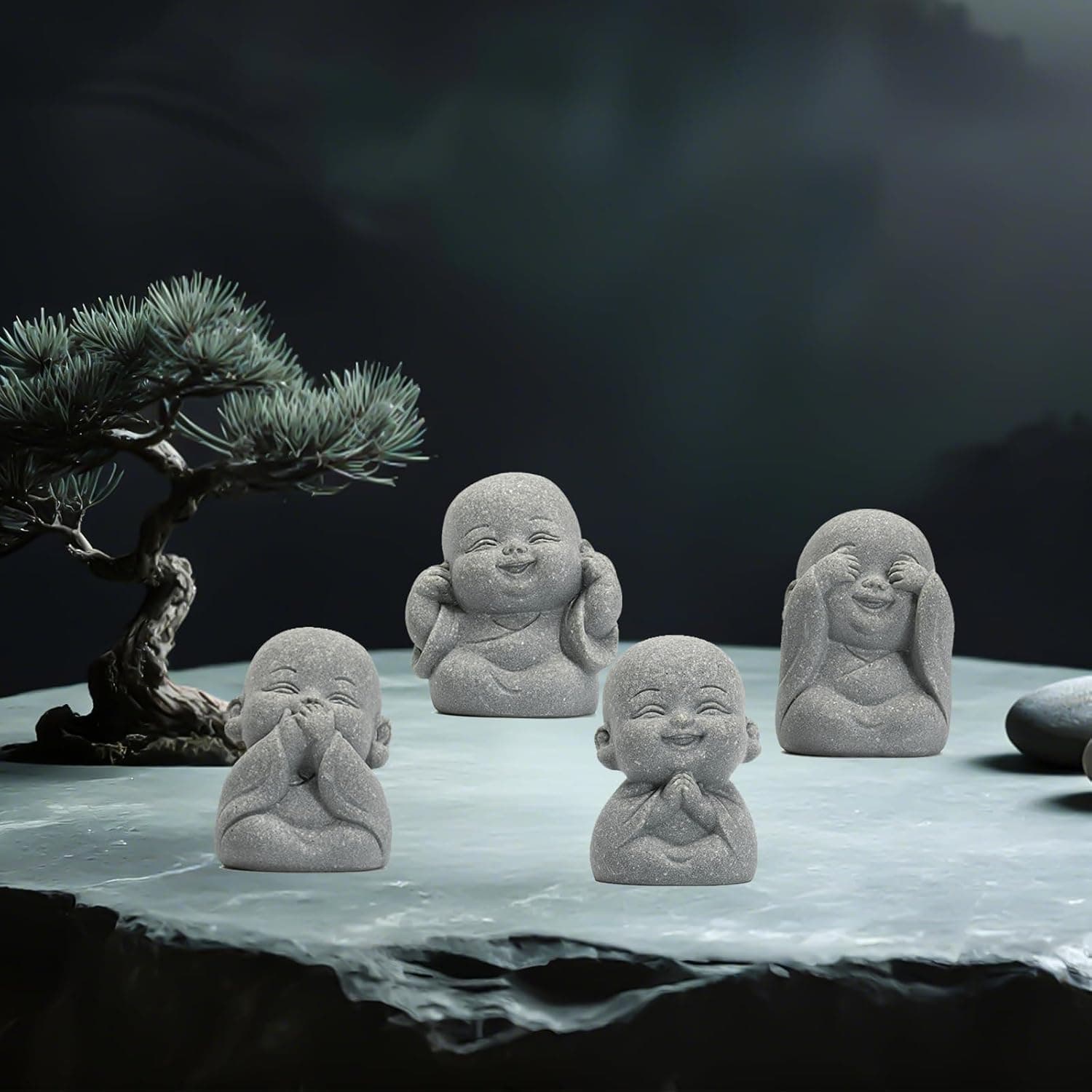4 peças estátua de Buda rindo para decoração de boa sorte Feng Shui, linda estátua de Buda de arenito Zen Monge Zen para decoração de casa e aquário, não veja o mal, não ouça o mal, não fale