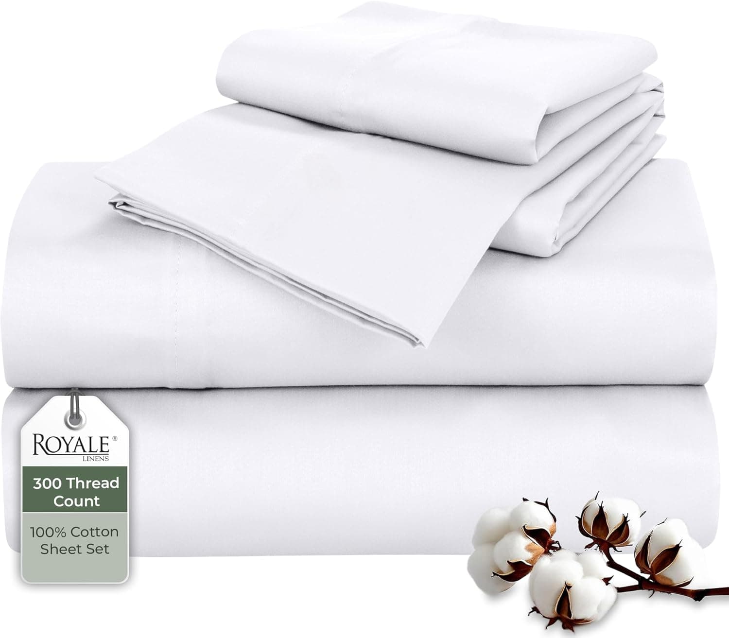 ROYALE LINENS Conjunto de lençóis de 300 fios 100% algodão penteado longo - 4 peças de lençol de casal - 1 elástico, 1 plano, 2 fronhas - Conjunto de lençóis macios e frescos (casal, branco)