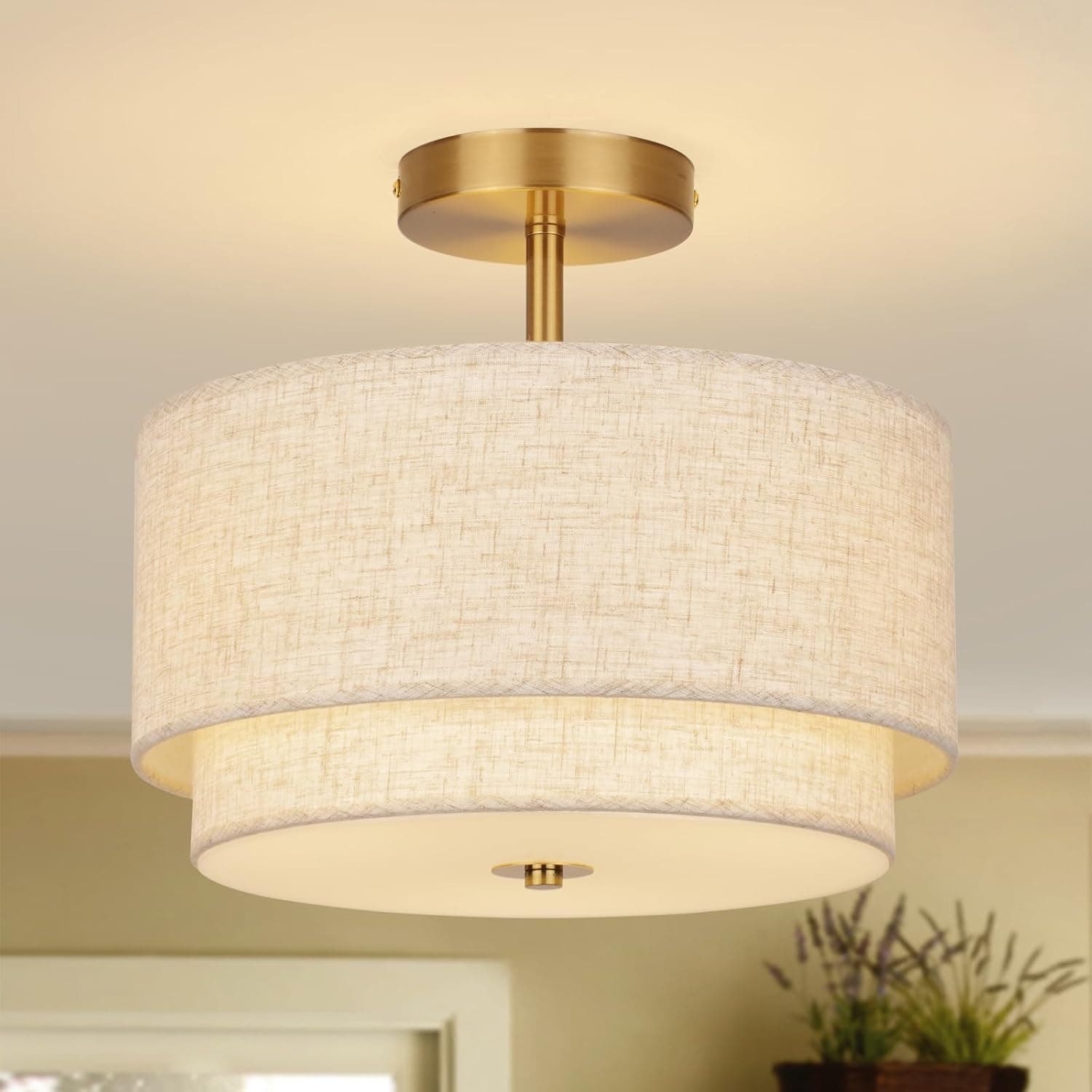 Vexagyle Luminária De Teto Semi-Embutida, Luminárias Douradas De 12,6'' Para Montagem No Teto, Moderna, Próxima Ao Teto, Com Abajur De Linho De 2 Camadas, Luminária De Teto Estilo Tambor De Fazenda
