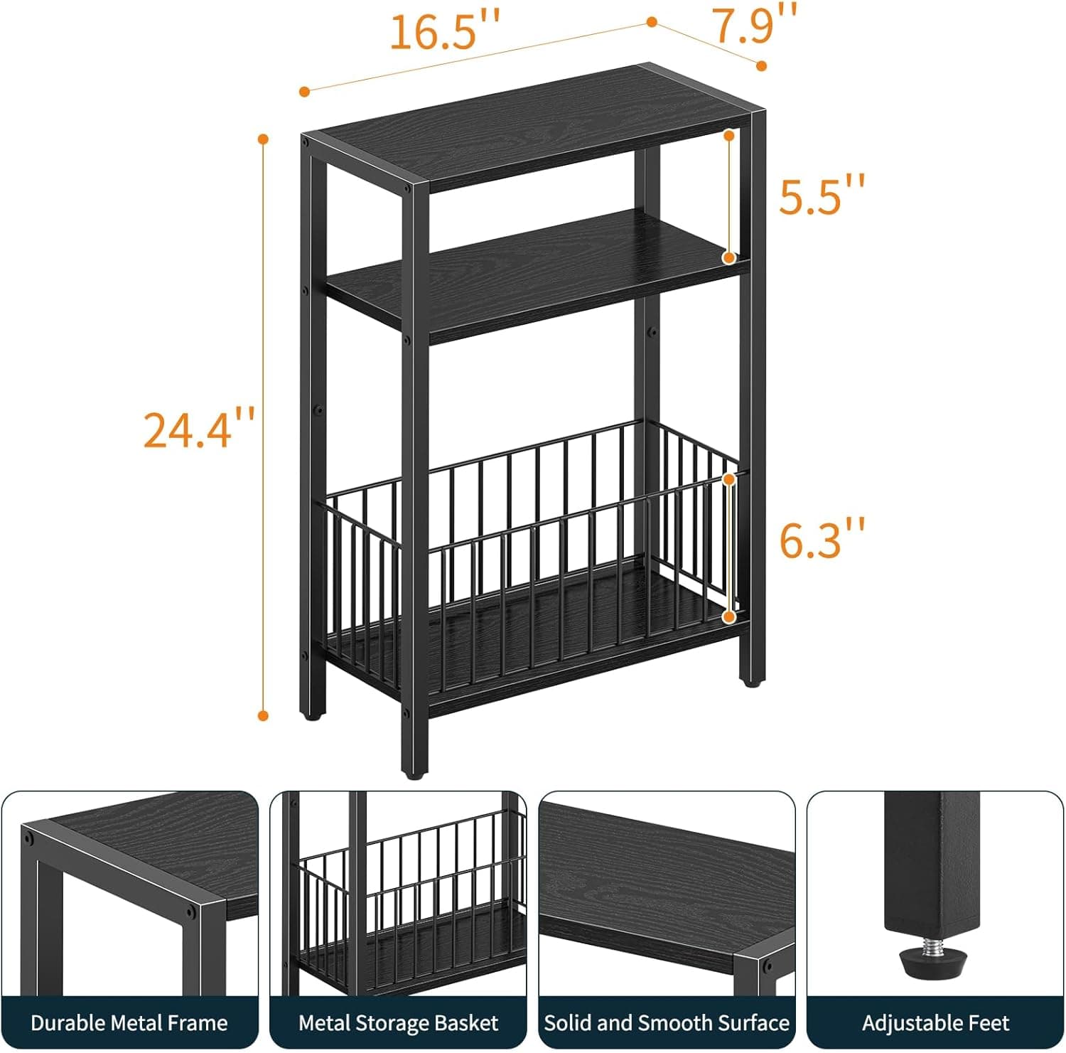 Yoobure Mesa lateral estreita com cesta de armazenamento, mesa de canto pequena para espaços pequenos, mesas laterais skinny, sala de estar, quarto, escritório, mesa de cabeceira fina, 3 andares - Imagem 4