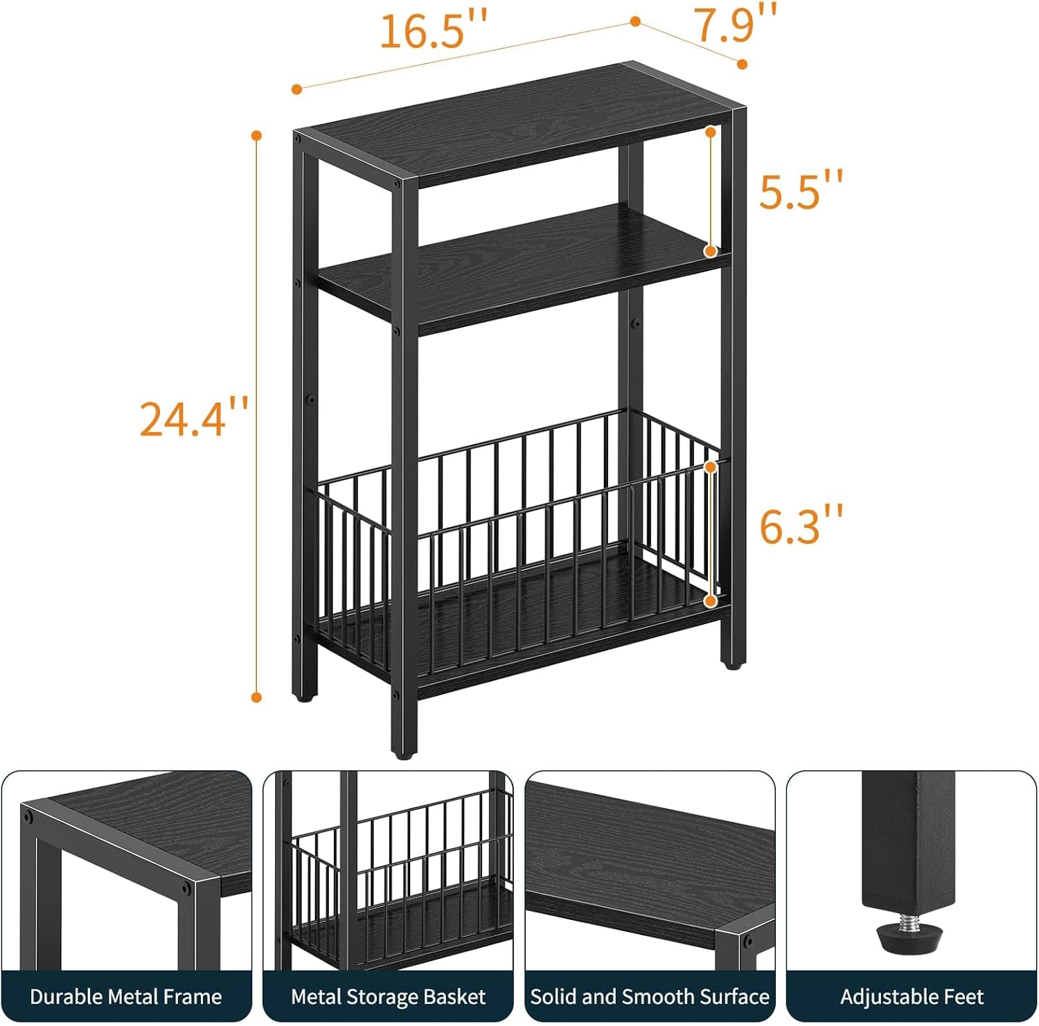 Yoobure Mesa lateral estreita com cesta de armazenamento, mesa de canto pequena para espaços pequenos, mesas laterais skinny, sala de estar, quarto, escritório, mesa de cabeceira fina, 3 andares - Imagem 4