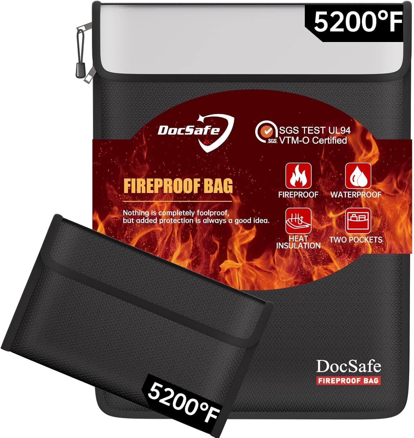 DocSafe Bolsa de documentos à prova de fogo (2,871.1 °C) com organizador à prova de fogo, isolamento térmico resistente à água e fogo 8 camadas, armazenamento seguro para documentos importantes