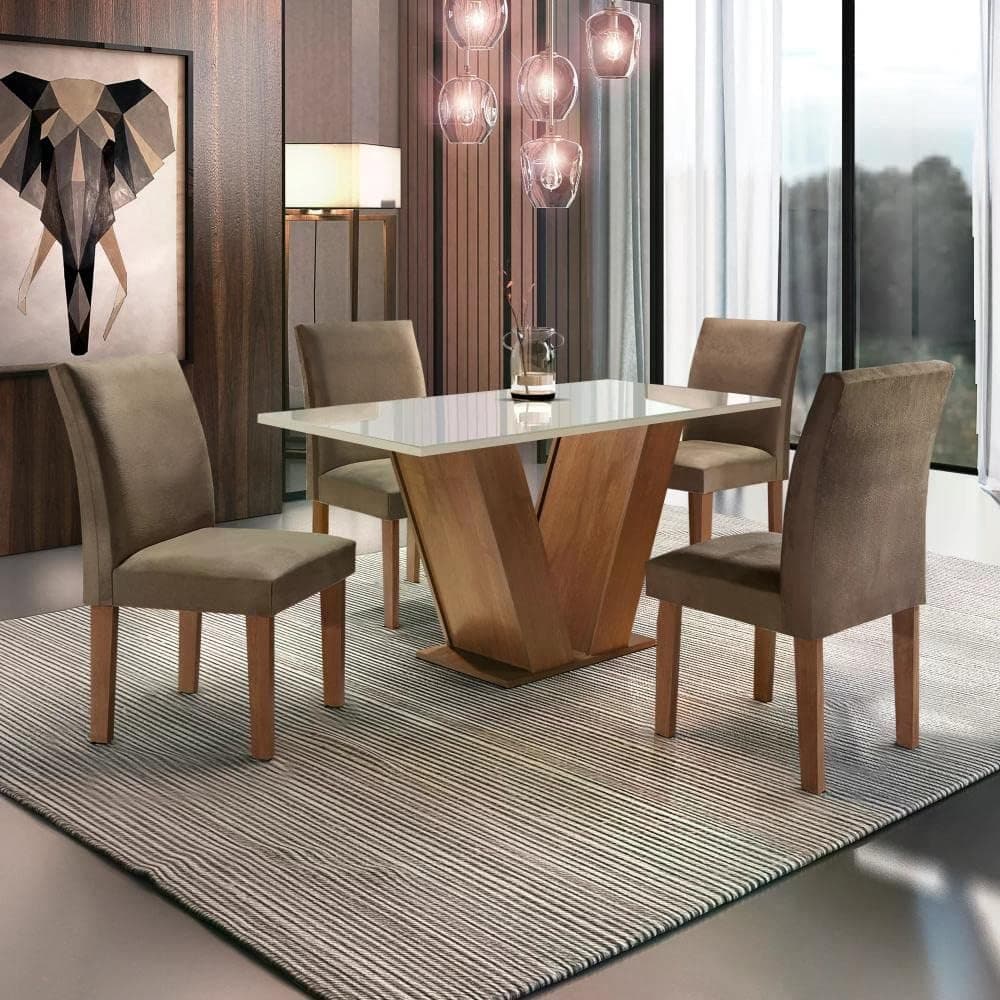 Conjunto Sala de Jantar Mesa Tampo de Vidro 4 Cadeiras Espanha Siena Móveis Chocolate