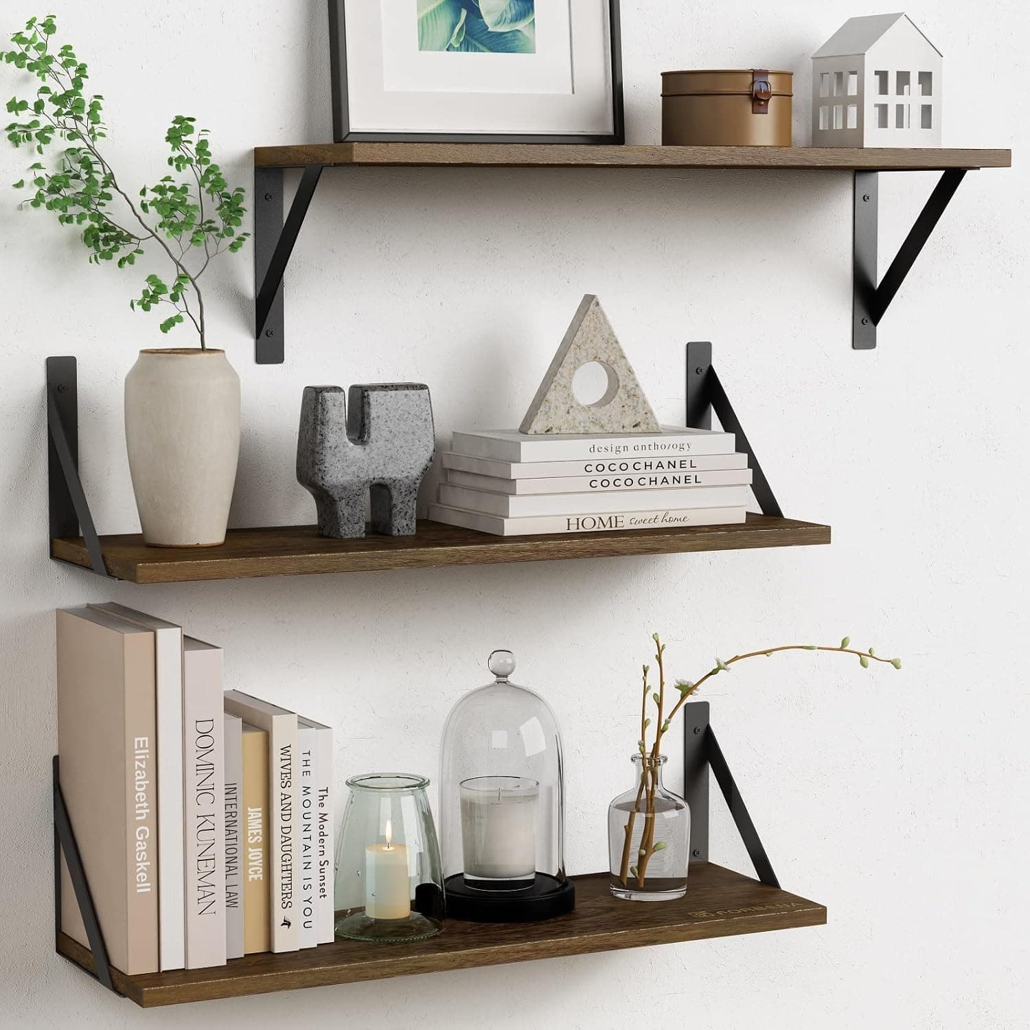 Forbena Prateleiras flutuantes de 61 cm de comprimento para parede, conjunto de 3, estante de parede de madeira para quarto, prateleiras grandes de madeira rústica para pendurar livros para sala de