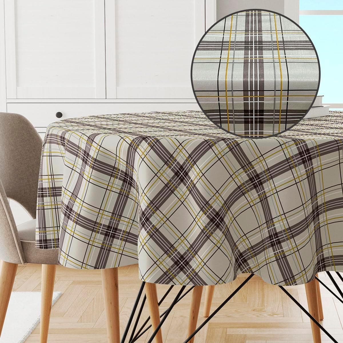 Toalha Mesa Plástica Térmica Tartan 4 Lugares Redonda 1,38