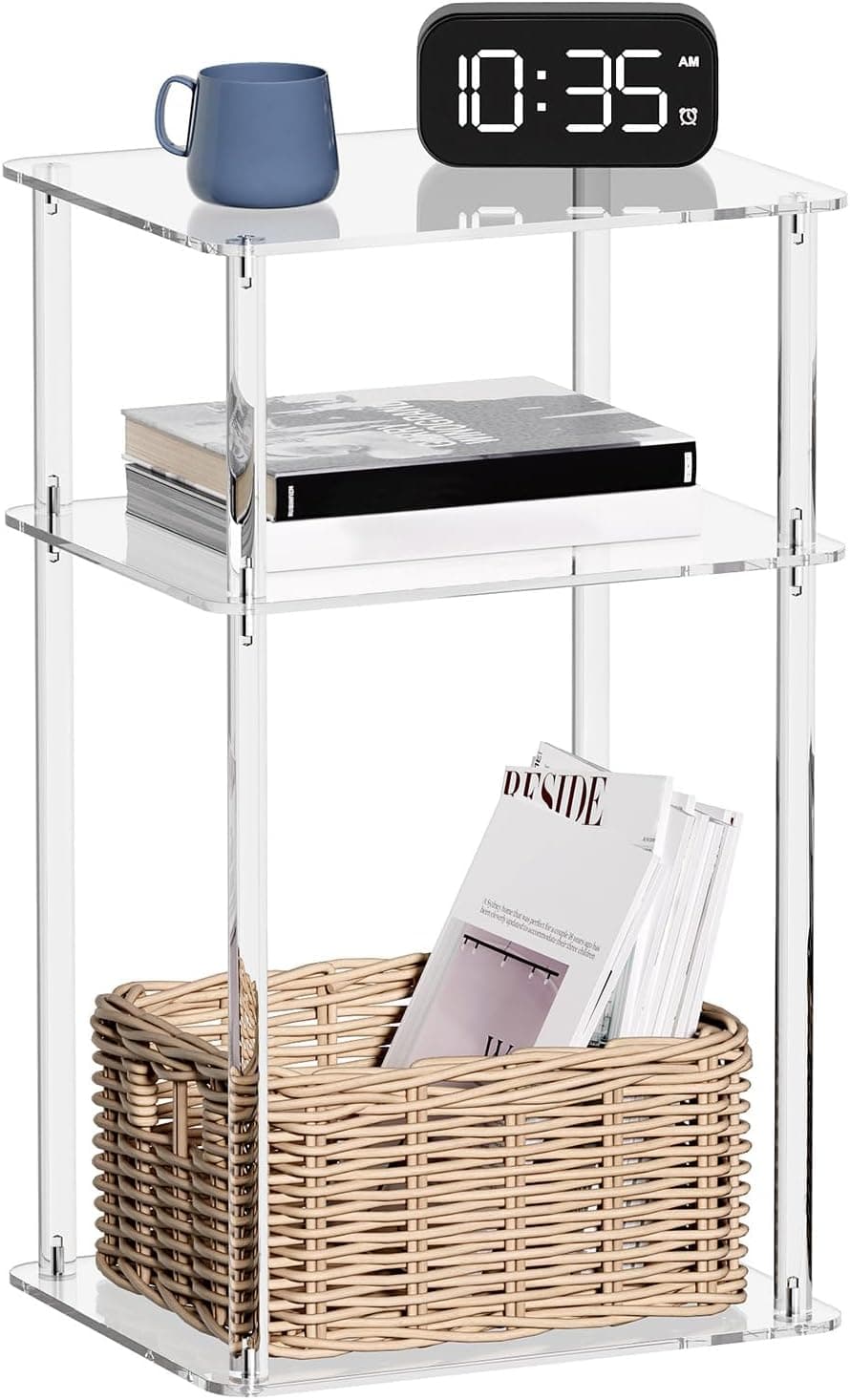 HMYHUM Mesa lateral de acrílico para espaços pequenos, 35,5 cm C x 29,2 cm L x 59 cm A, mesa de cabeceira/mesa de cabeceira, mesa de canto para sala de estar, quarto, 3 camadas, transparente