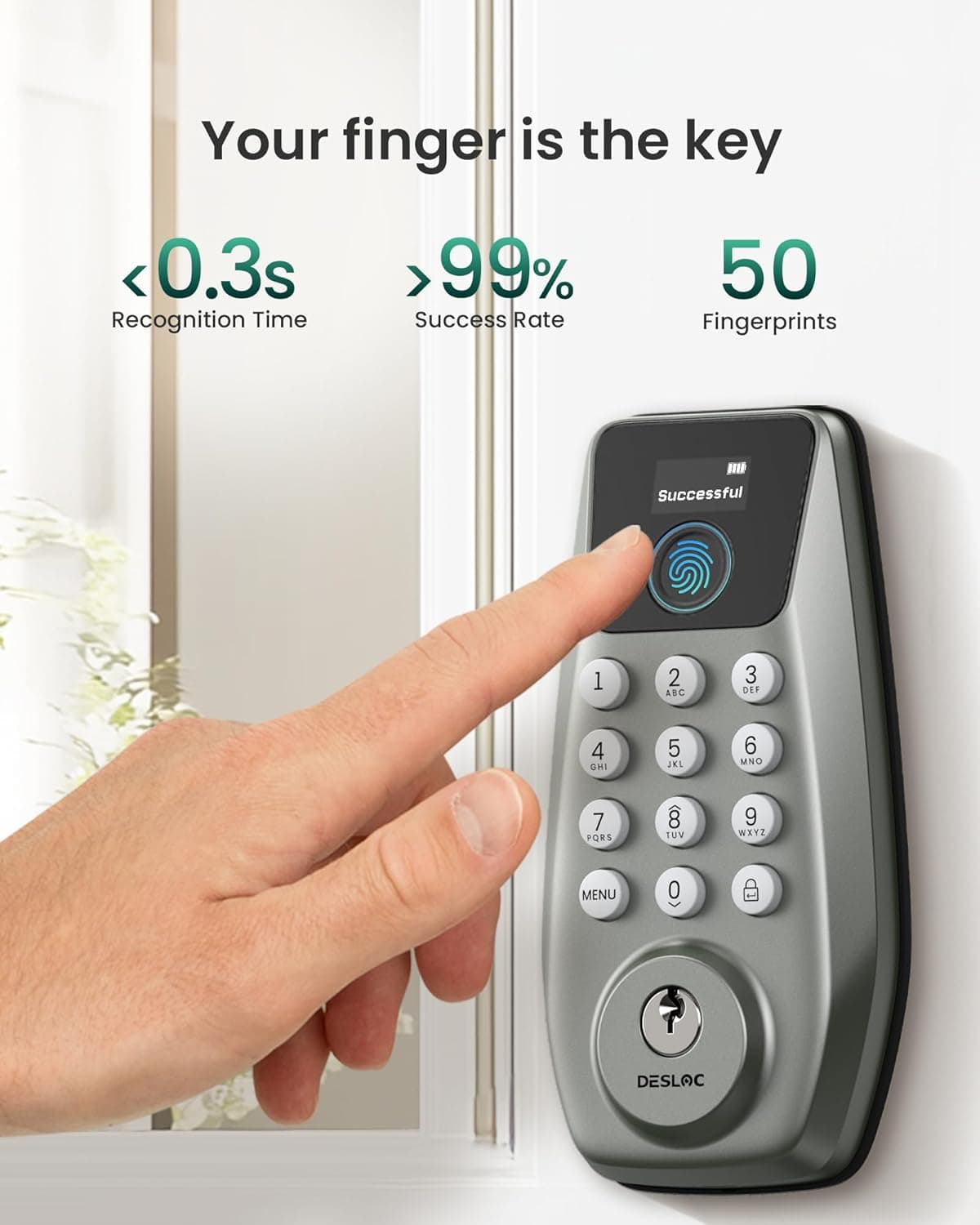 DESLOC C110 Fechadura de porta de entrada sem chave com tela (tela inteligente), fechaduras de porta com impressão digital, fechadura de teclado, trava automática, teclas retroiluminadas, modo de - Imagem 3