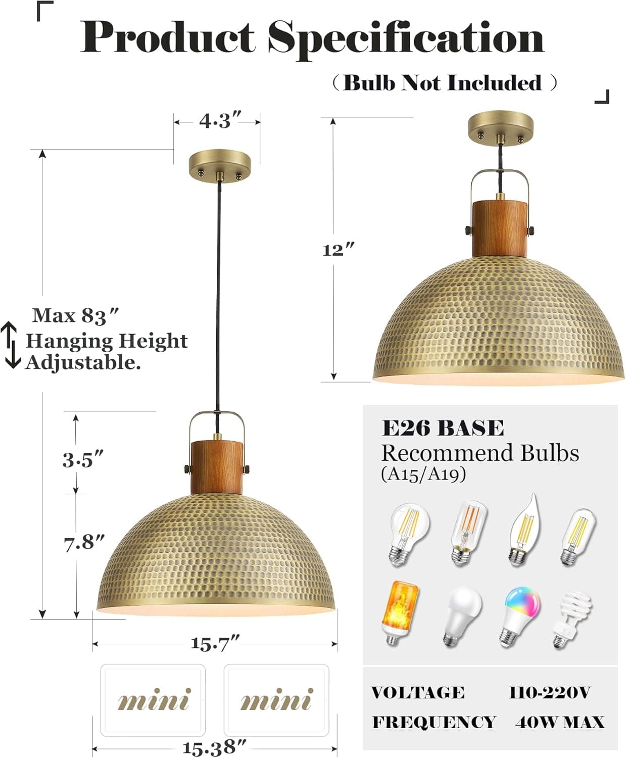 ELYONA Pacote com 2 luminárias pendentes marteladas grandes, lâmpada suspensa vintage de madeira de freixo de 40,6 cm, luminária pendente de meados do século antigo para ilha de cozinha, fazenda, sala - Imagem 4