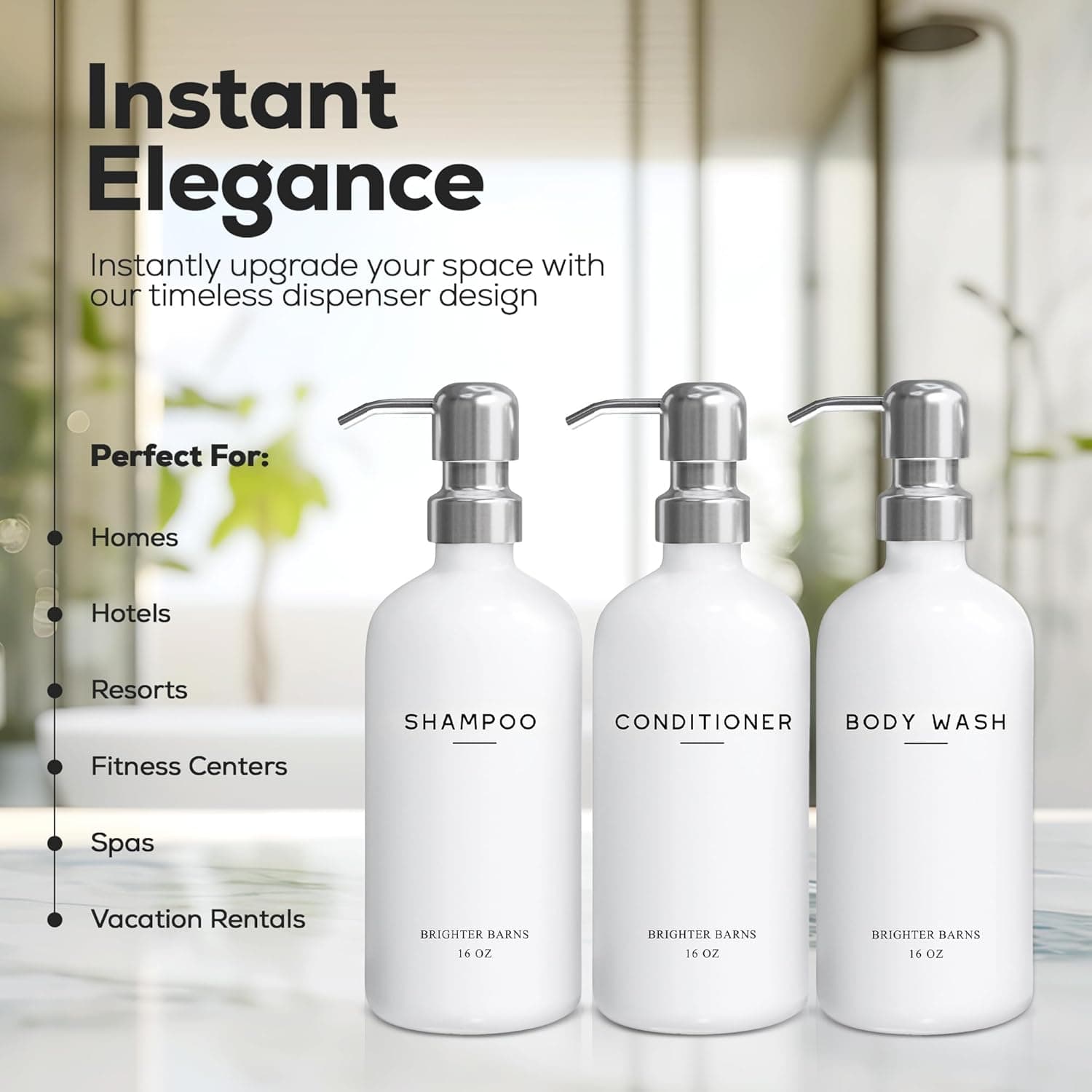 Conjunto de dispensador de xampu e condicionador branco da Brighter Barns - Dispensador de chuveiro para banheiro - Frasco de xampu de plástico recarregável e bomba de aço inoxidável - Dispensador de - Imagem 3