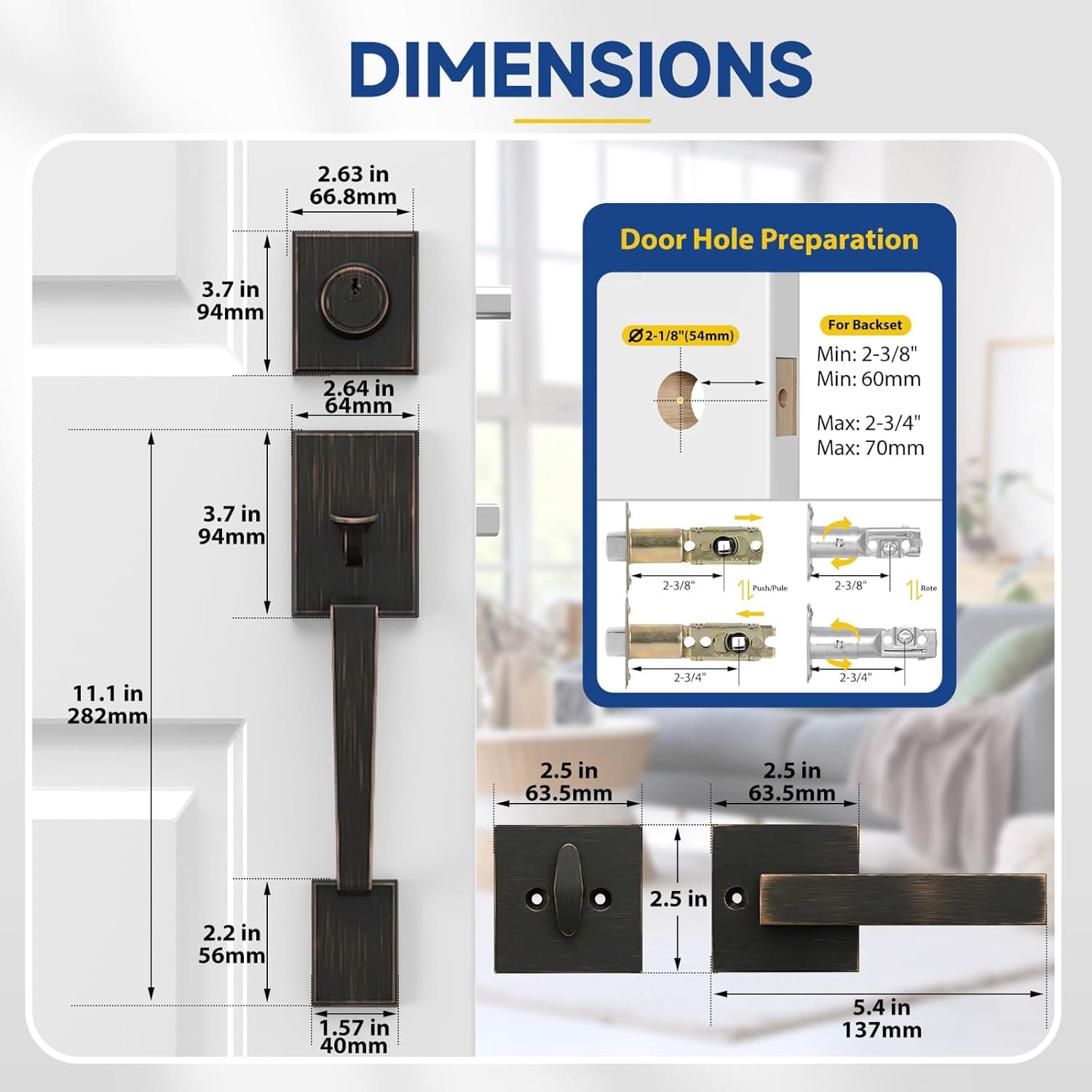 Conjunto de maçanetas e fechaduras de bronze polido a óleo, conjunto de fechadura de porta frontal, conjunto de fechadura externa com fechadura de cilindro único, reversível para direita e - Imagem 3