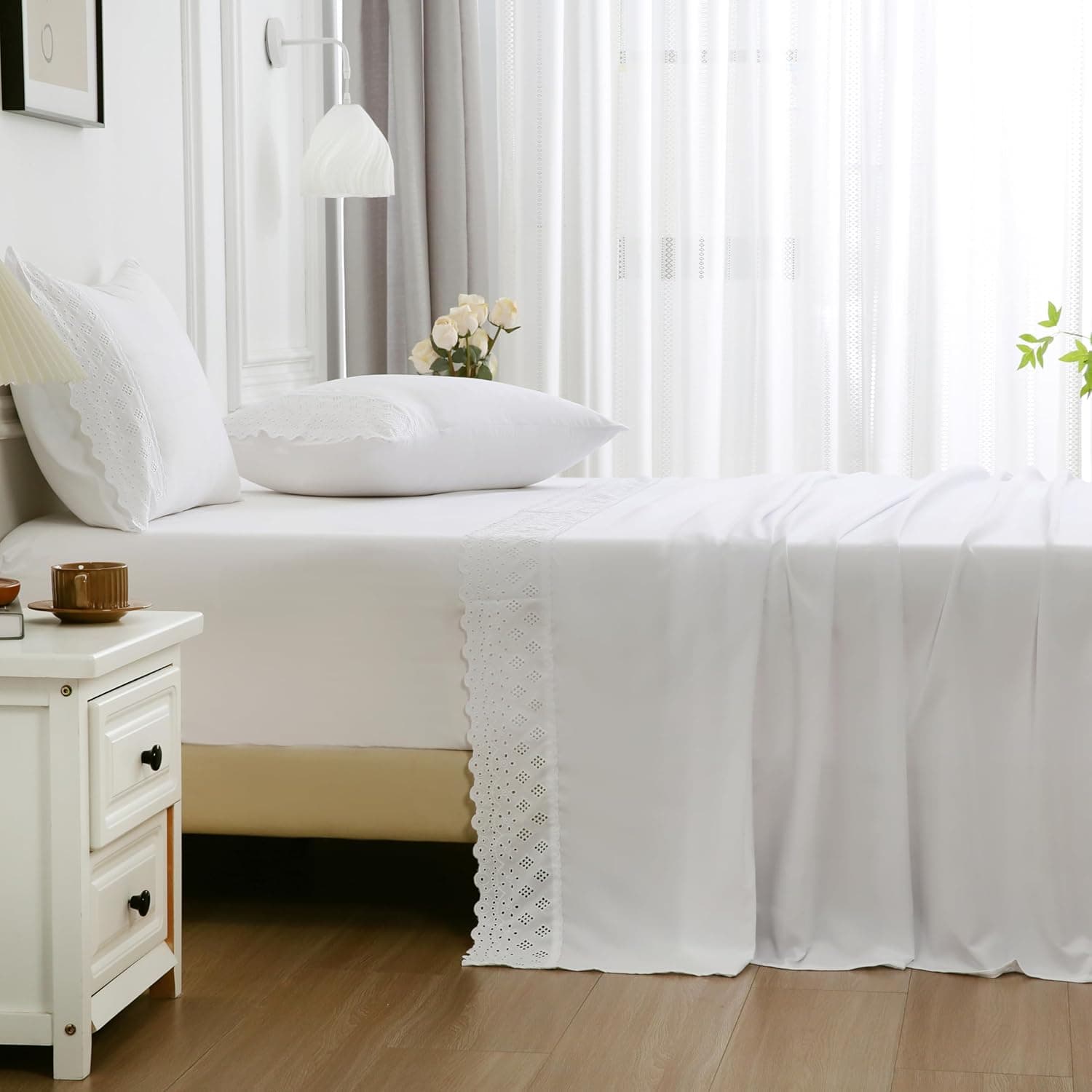 Jogo de Lençol King 4 Peças Napoli Percal 300 Fios Lese Bordado Inglês (Branco) - Imagem 3