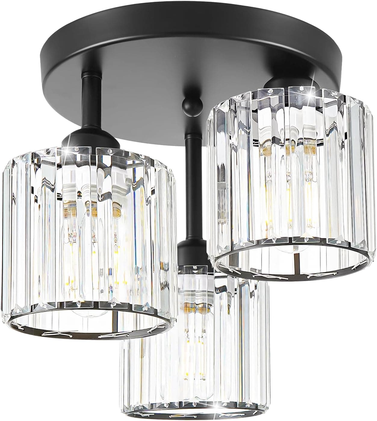 Luminária de teto de cristal seminivelada, 3 luzes modernas perto do teto, luminárias pretas de cozinha com sombra de cristal transparente, luminárias de corredor para corredor, quarto, banheiro, E26