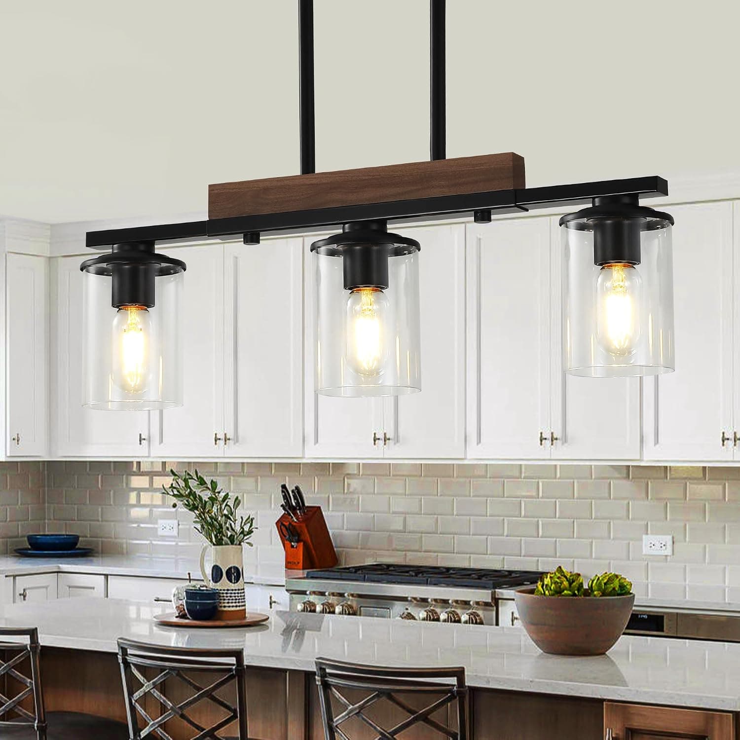 Luminárias de ilha de cozinha de 60 cm, lustre de 3 luzes para sala de jantar, lustre sobre mesa, luminária pendente de teto de madeira rústica moderna preta, com sombra de vidro transparente, lustre