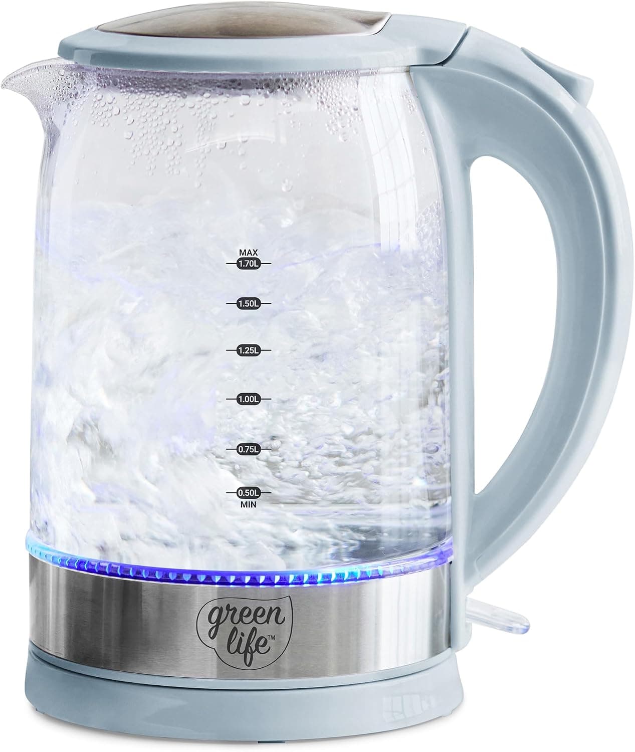 GreenLife Chaleira elétrica de vidro de 1,7 litros, fácil de usar com um toque, aquecimento rápido, bico filtrado, base de LED, desligamento automático, porção sem fio, café e chá, Blue Haze
