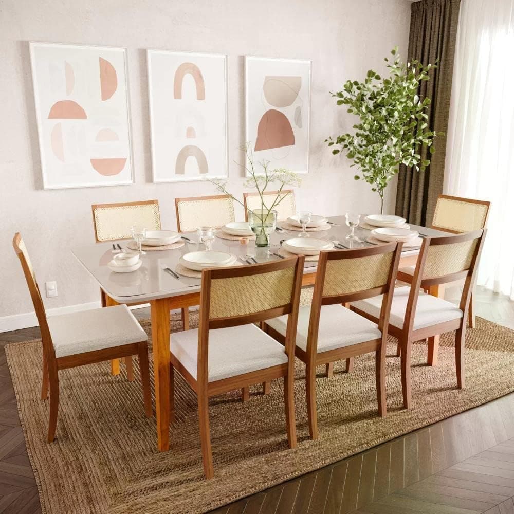 Mesa de Jantar 8 Lugares 2,10m Tampo Mdf e Vidro Pés Madeira Maciça Tangará Cabecasa Madeiramadeira Caramelo/off White - Imagem 4