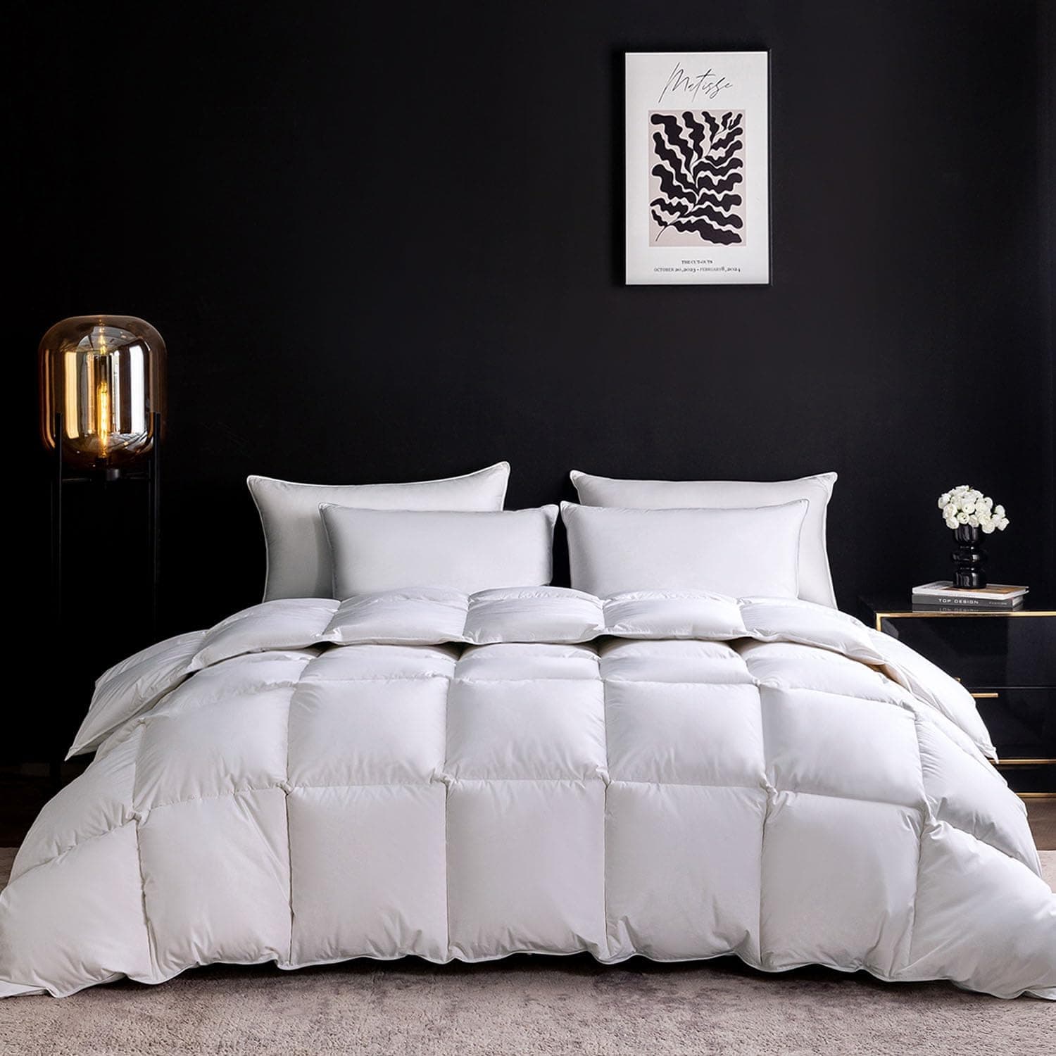 Edredom de plumas tamanho Cal King, edredom de cama estilo hotel, 750+ potência de enchimento, 1200TC, tecido 100% algodão orgânico, enchimento de edredom branco para todas as estações com 8