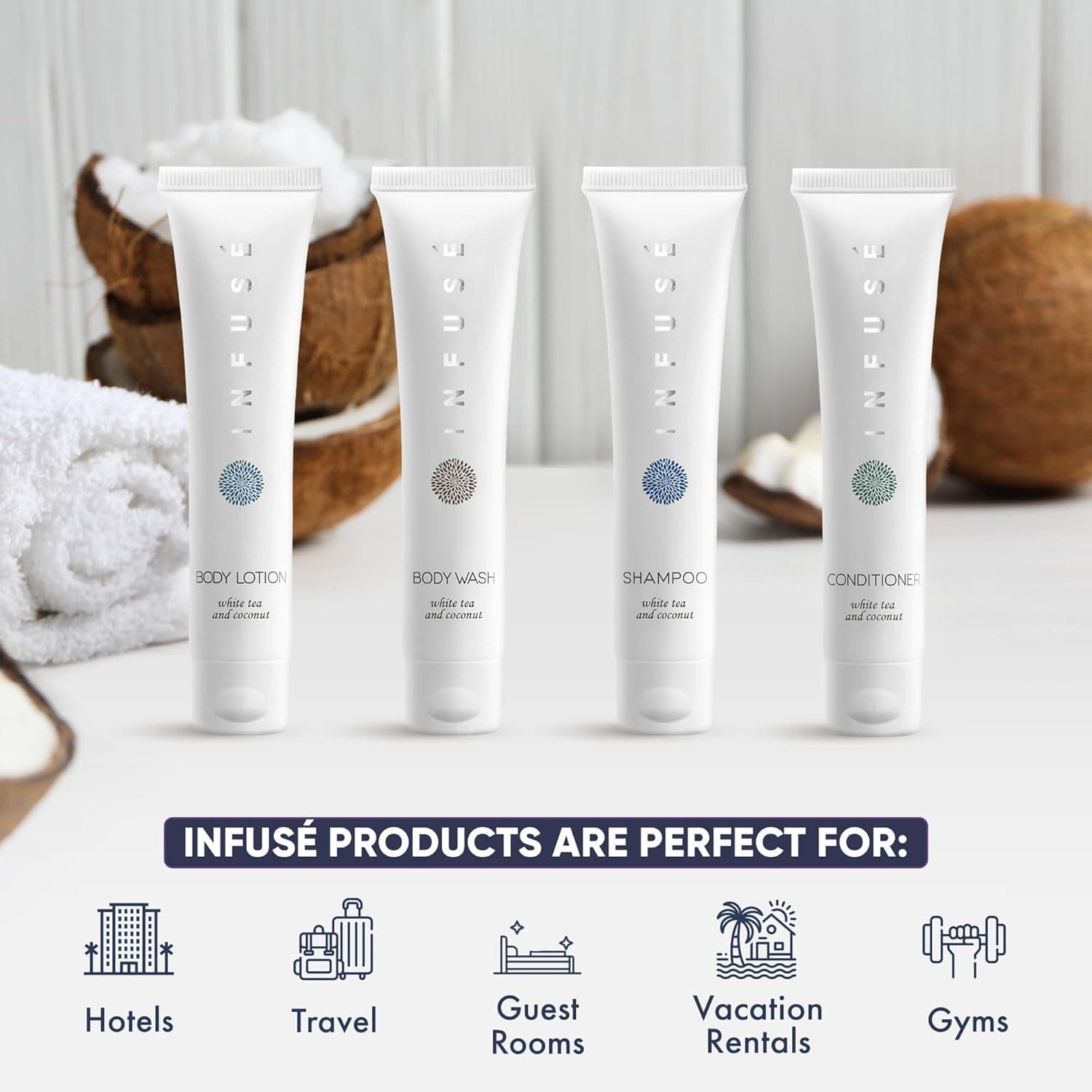 Conjunto de artigos de higiene pessoal Infuse White Tea & Coconut Hotel | 1 kit de amenidades | xampu e condicionador de 30 ml, sabonete líquido, loção | Tamanho de viagem | 80 peças - Imagem 3
