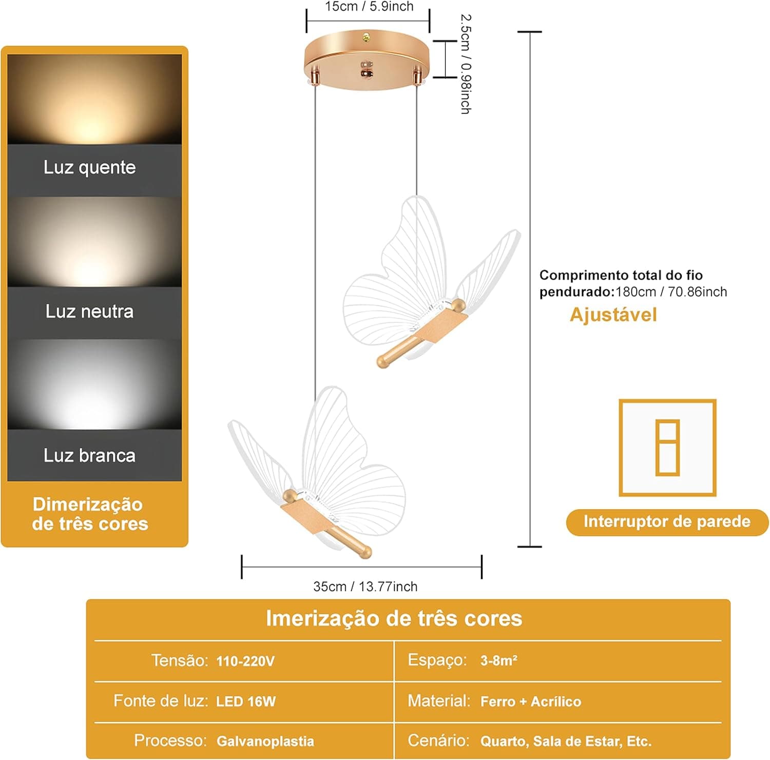 Lustre Pendente LED Two Butterflies, Luminária Pendente Ouro Com Temperatura Tricolor, 3000K-6000K - Imagem 3