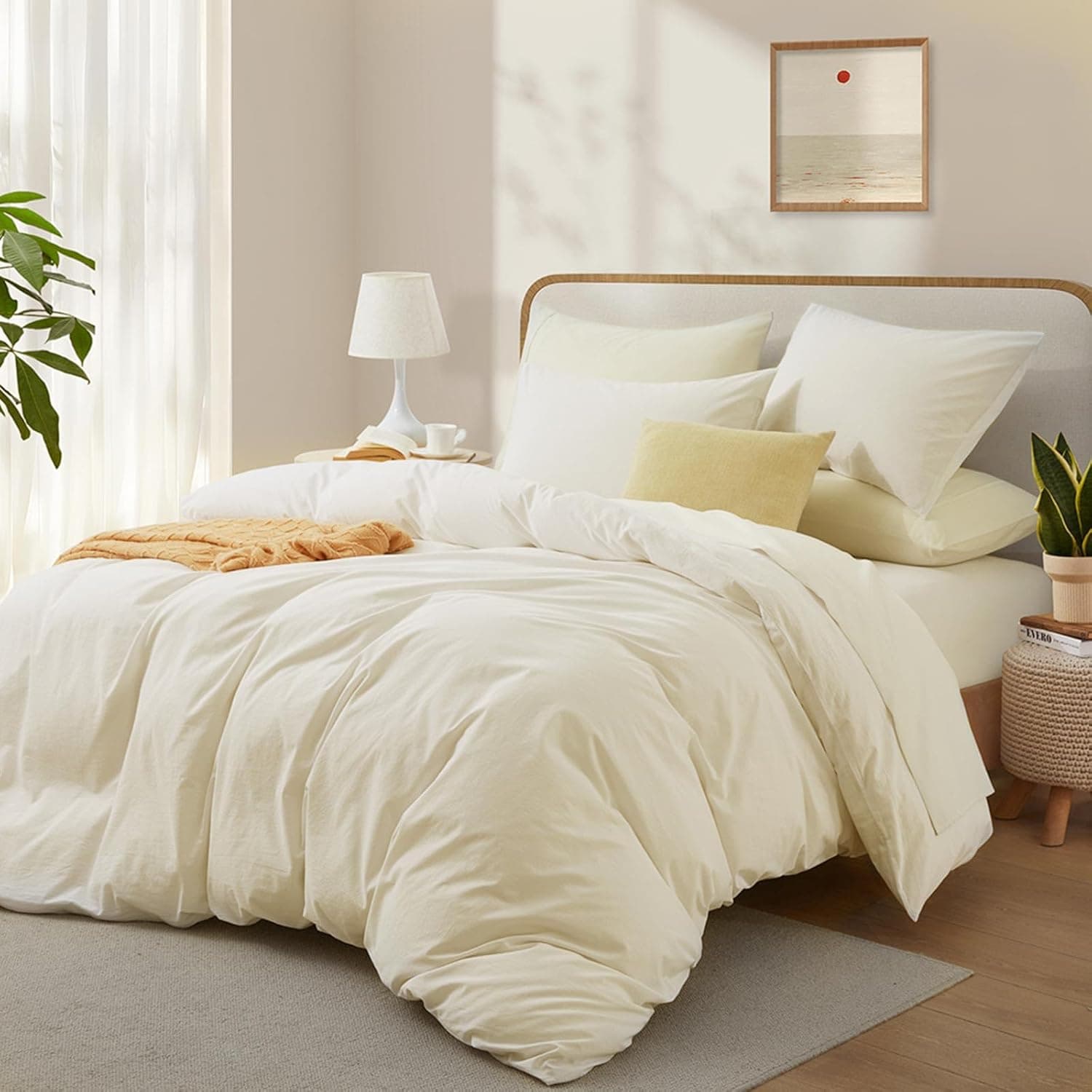 LOVQUE Capa de edredom de algodão branco creme, tamanho king, conjunto de cama natural semelhante a linho com fecho de zíper (sem edredom), tamanho king, capa de edredom (264 x 228 cm) x 1, fronha (51 - Imagem 3