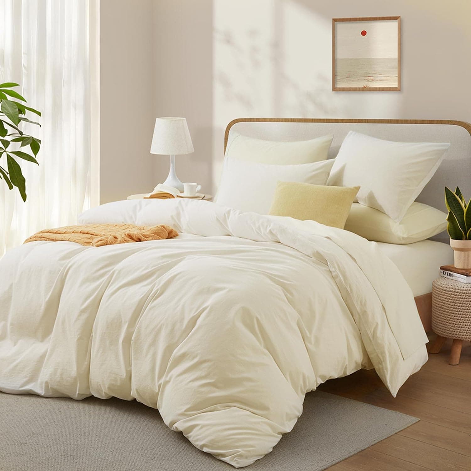 LOVQUE Capa de edredom de algodão branco creme, tamanho king, conjunto de cama natural semelhante a linho com fecho de zíper (sem edredom), tamanho king, capa de edredom (264 x 228 cm) x 1, fronha (51 - Imagem 3