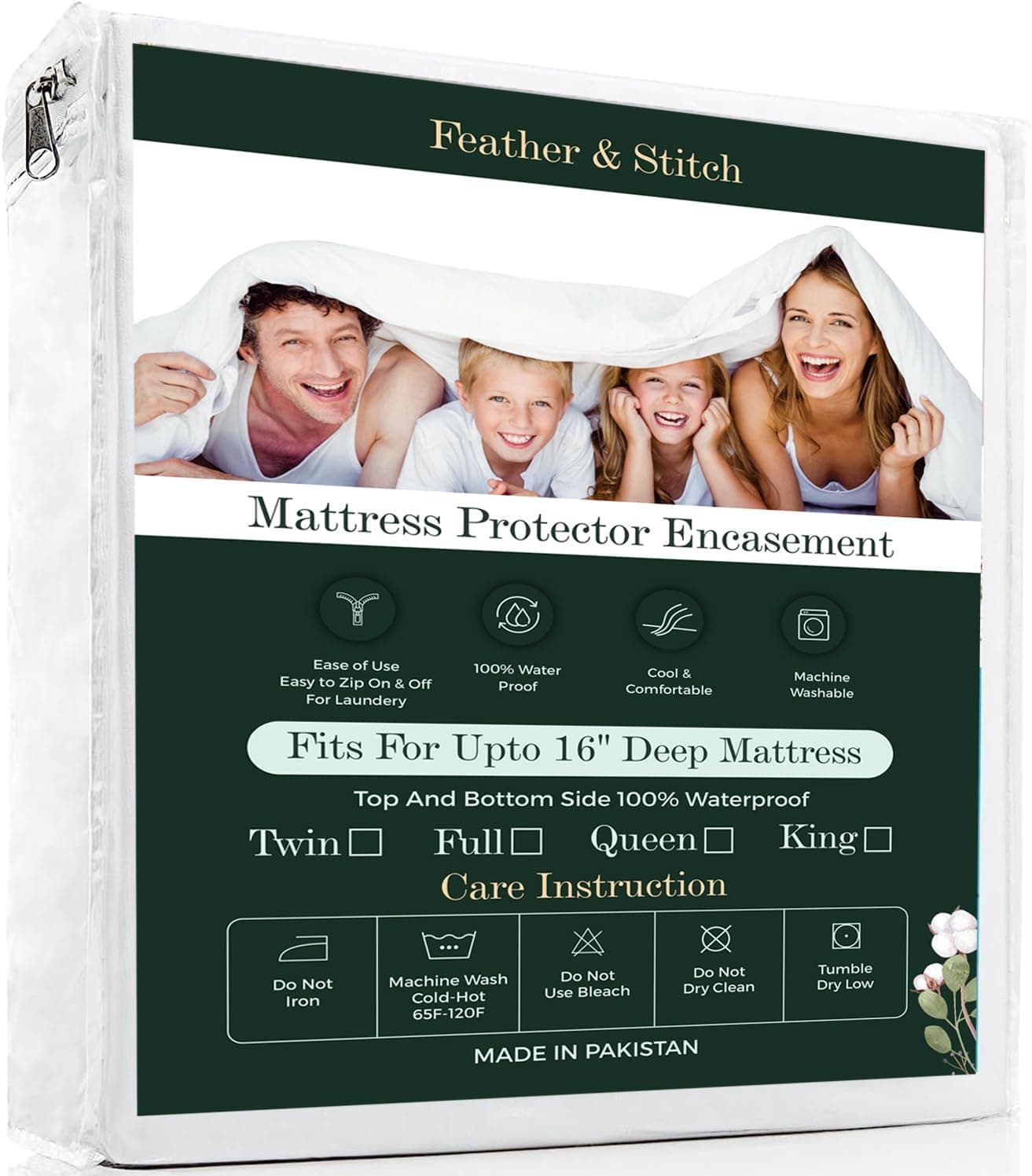 Capa de colchão com zíper Feather & Stitch, 100% à prova d'água e à prova de percevejos de cama – Absorvente, capa de colchão de seis lados (Queen)