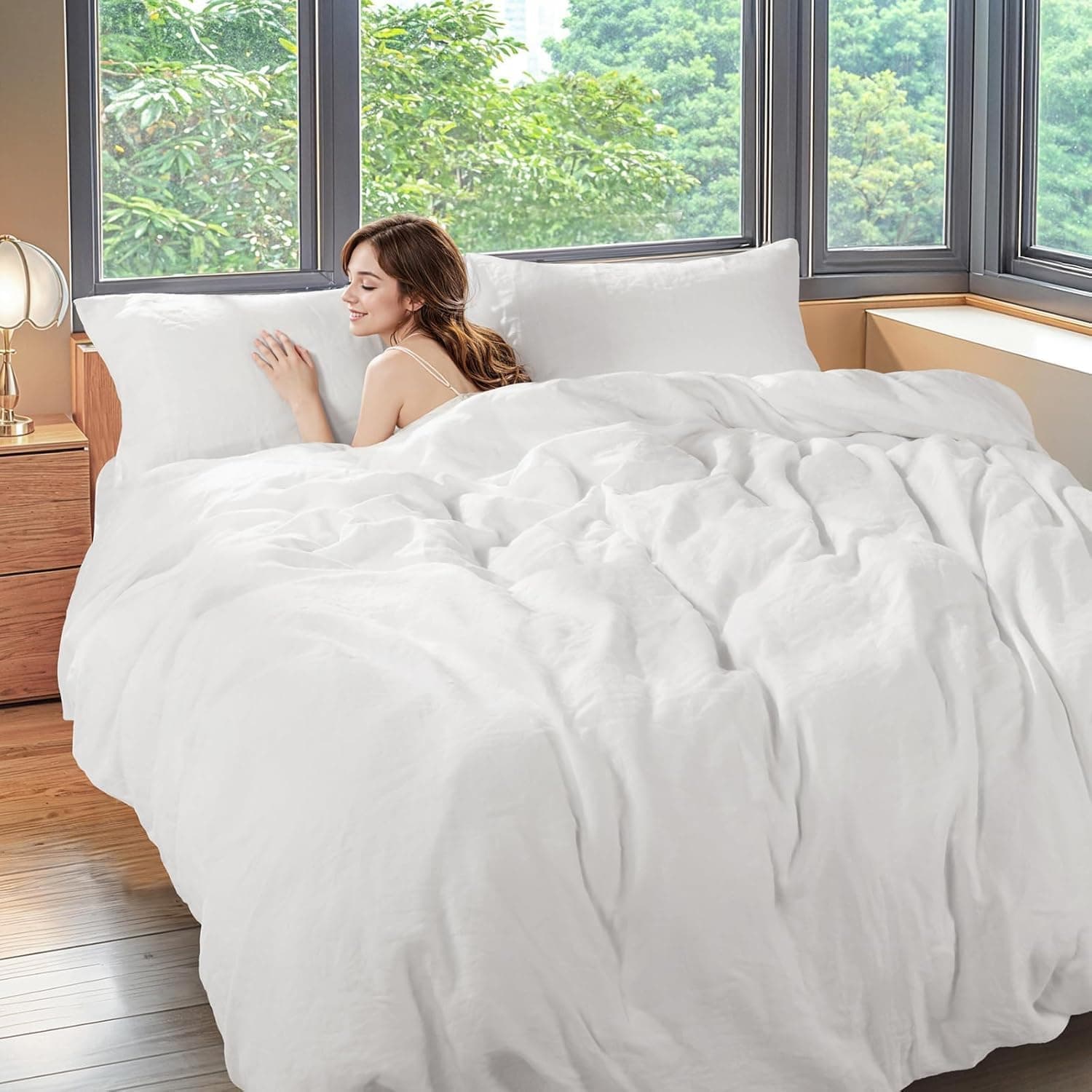 Shilucheng Conjunto de capa de edredom King extragrande 100% linho, puro e natural, linho francês, capa de edredom com fecho de zíper, capa de edredom respirável refrescante 3 peças (branco, 305 x 248
