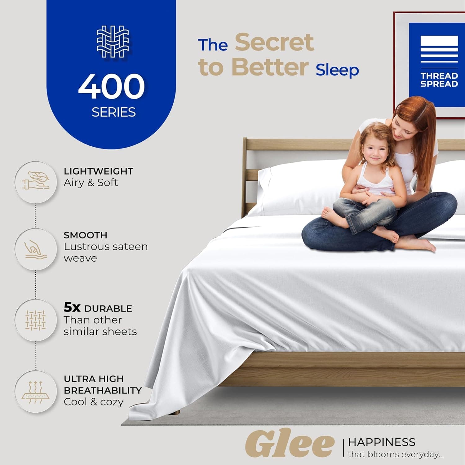 THREAD SPREAD 400 fios, lençóis 100% algodão, tecido de cetim queen série Glee, conjunto de cama de 4 peças decorado com bolso profundo, lençóis de algodão de qualidade egípcia estilo hotel de luxo - Imagem 3