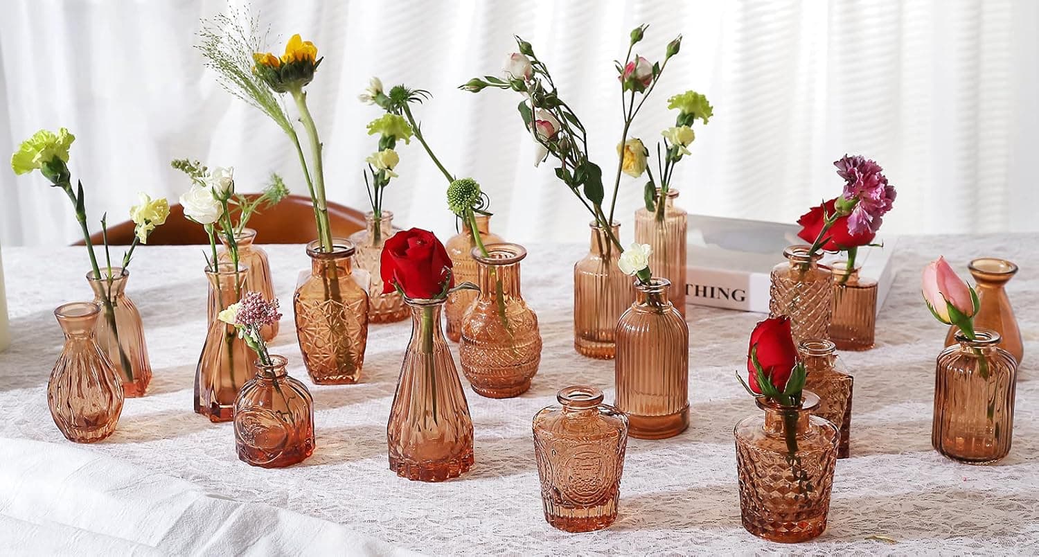 Vasos de vidro âmbar, conjunto de 20 para flores, pequenos vasos de botão âmbar a granel para decoração de centros de mesa, mini conjunto de vidro para decoração de mesa de casa - Imagem 3