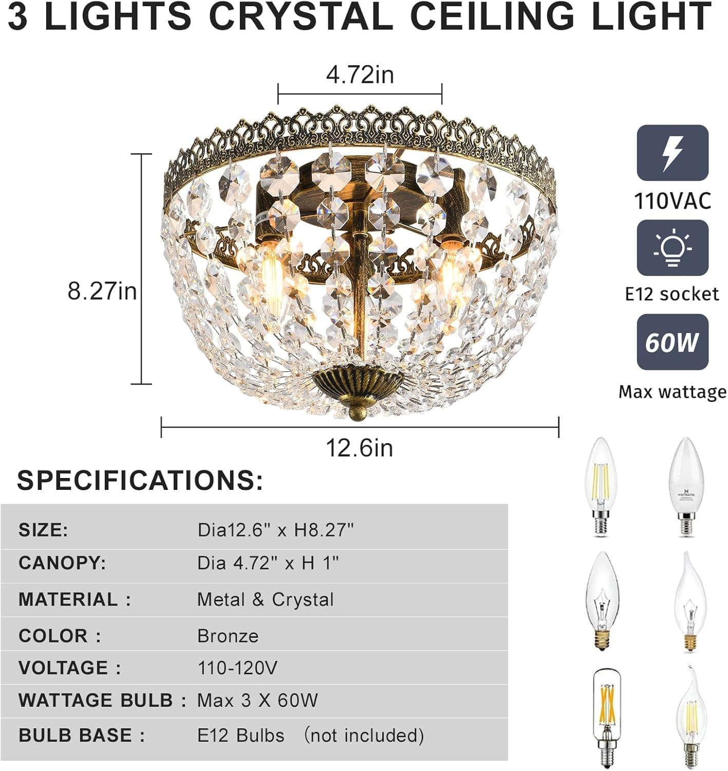 3 Luzes Império Francês K9 Cristal Embutido Lustre Iluminação Antigo Luminária de Teto para Sala de Jantar Entrada Corredor Quarto Cozinha Banheiro Bar, Lâmpadas E12 L 30 cm x A 21 cm - Imagem 3