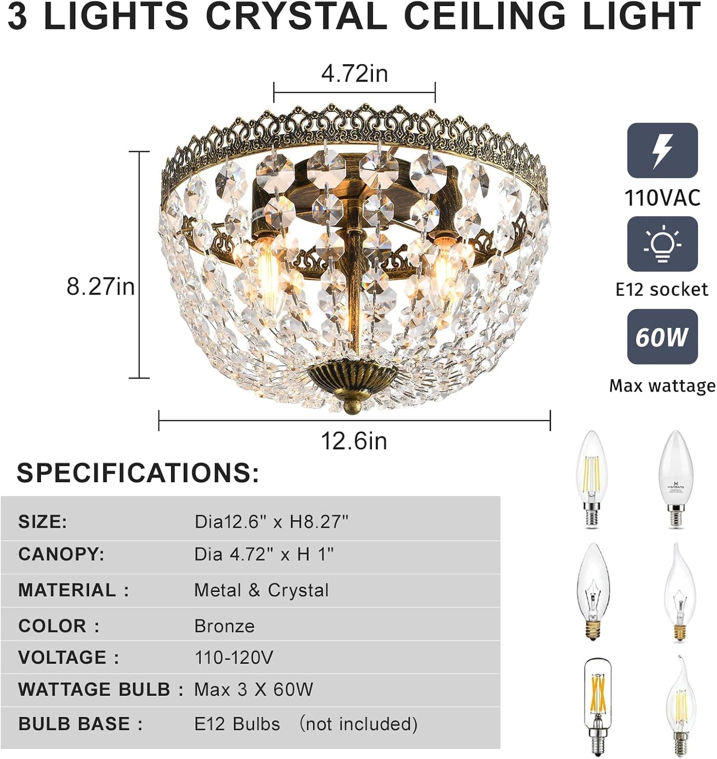 3 Luzes Império Francês K9 Cristal Embutido Lustre Iluminação Antigo Luminária de Teto para Sala de Jantar Entrada Corredor Quarto Cozinha Banheiro Bar, Lâmpadas E12 L 30 cm x A 21 cm - Imagem 3