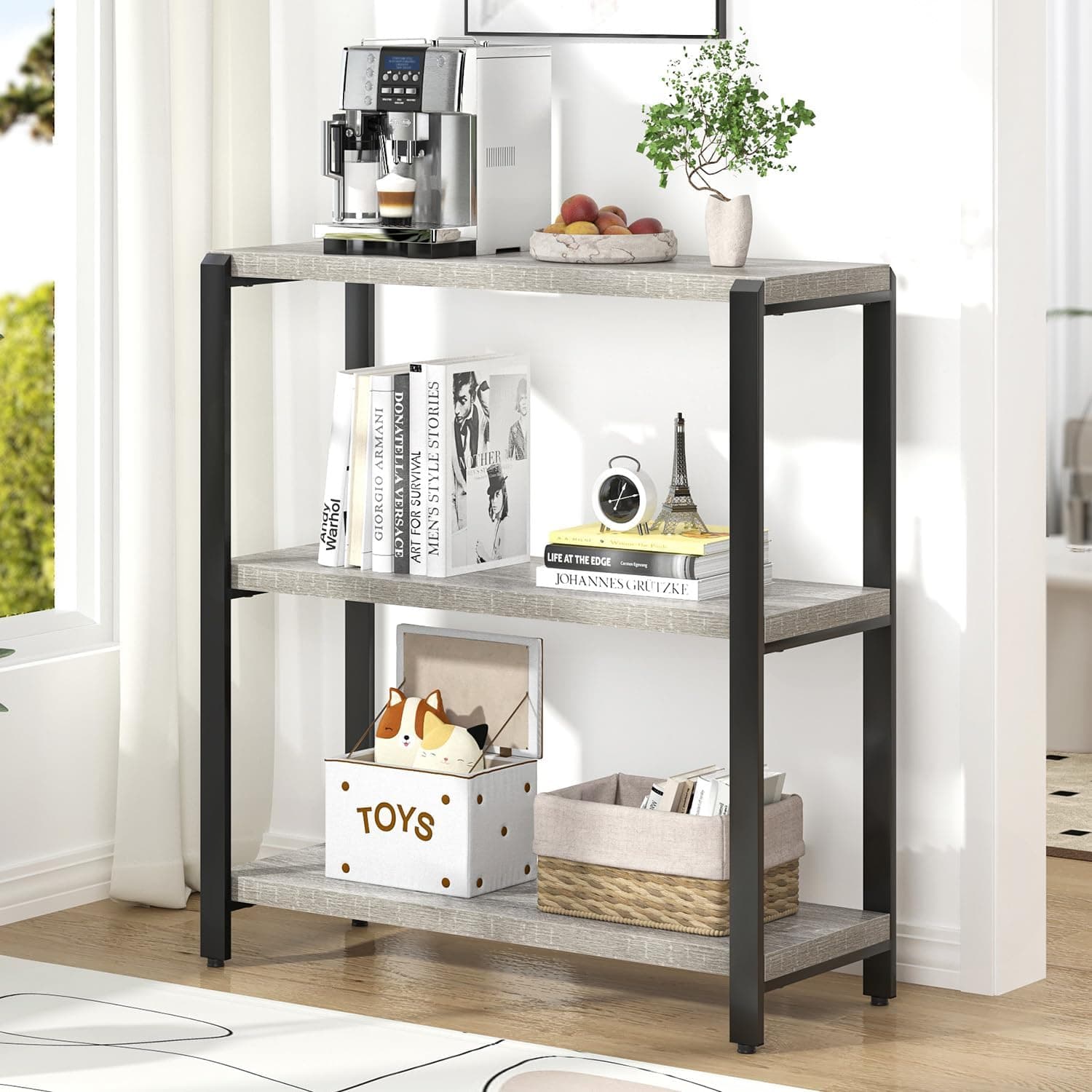 FOLUBAN Estante de livros de 3 camadas, estante de livros e estante industrial de madeira e metal, estojo curto para escritório, sala de estar, quarto, cinza claro