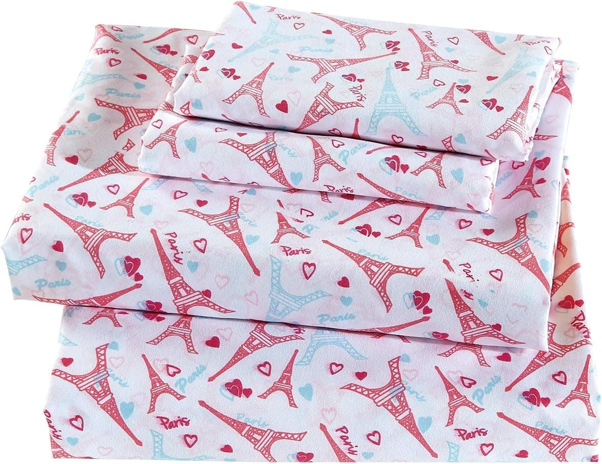 Linen Plus Jogo de lençol para meninas/adolescentes Torre Eiffel Paris rosa choque azul claro branco lençol com elástico e lençol de cima tamanho solteiro