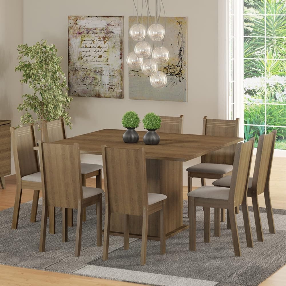 Conjunto Sala de Jantar Clarice Madesa Mesa Tampo de Madeira com 8 Cadeiras - Rustic/Pérola
