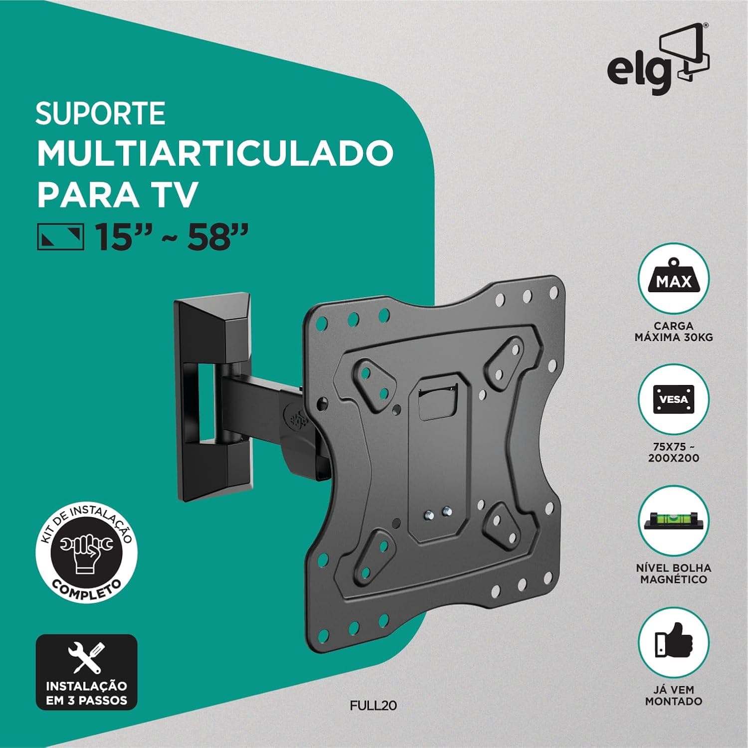 ELG, FULL20, Suporte de Parede Multiarticulado com Movimentação Total para TVs de 15'' a 58'', Padrão VESA de 75x75 até 200x200, Capacidade Máxima 30 kg, Preto - Imagem 3