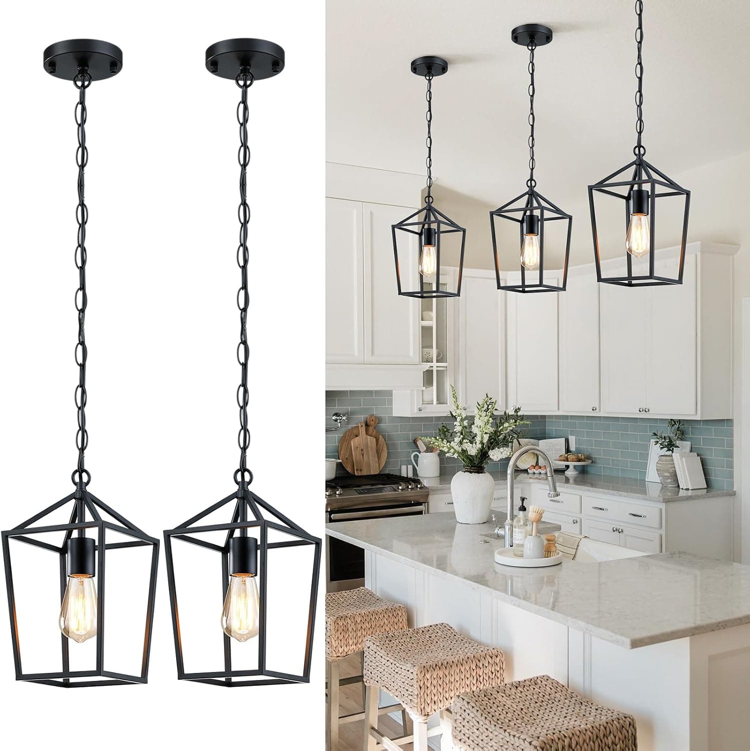 2-Pack Farmhouse Pendant Lights Kitchen Island, Black Pendant Light Fixtures Hanging Lamp for Kitchen, Modern Kitchen Pendant Lighting Over Island, Metal Cage Design, Sloped Ceili