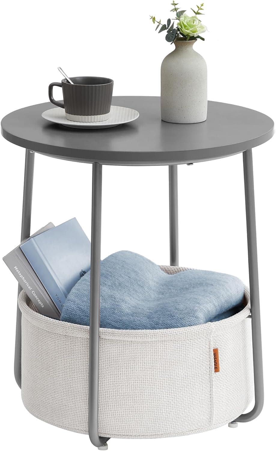 VASAGLE Mesa lateral redonda pequena, mesa de cabeceira moderna com cesta de tecido, cinza cimento e branco creme ULET223G49
