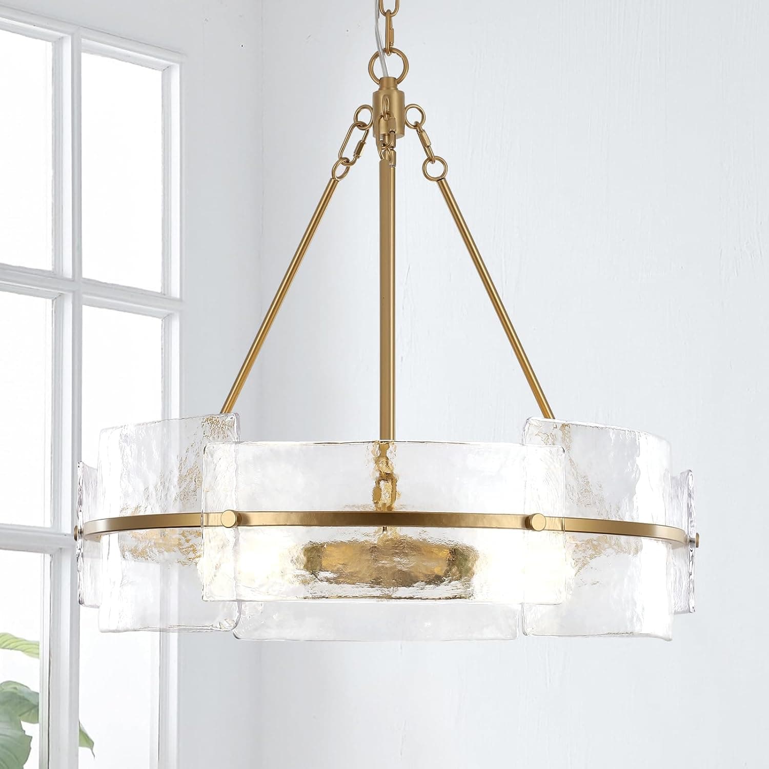 Lustre Moderno Para Sala De Jantar, 22" Com Tambor Vidro Texturizado Dourado, Iluminação Suspensa Cristal Luxo Estar, Hall Entrada, Cozinha, Ilha, Quarto