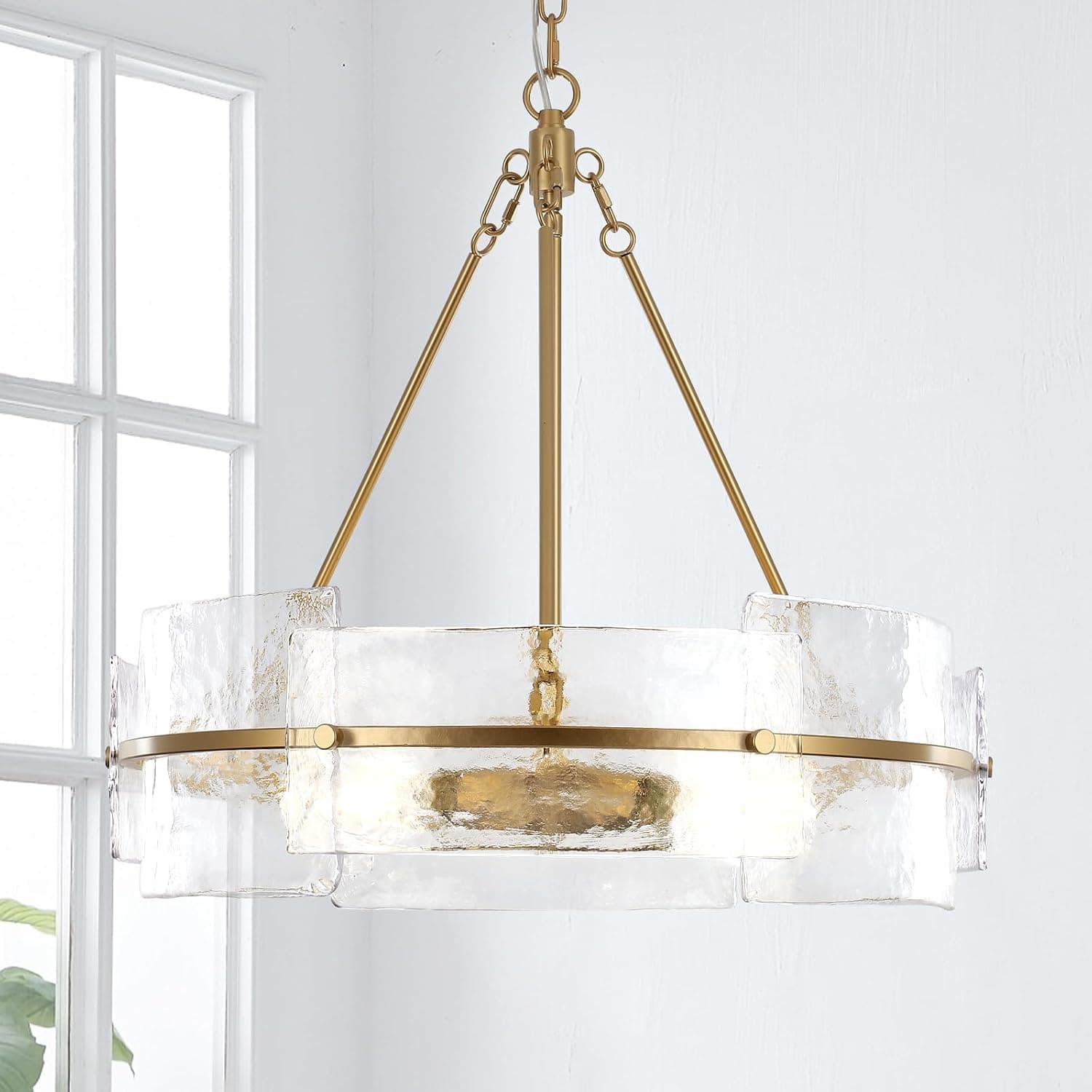 Lustre Moderno Para Sala De Jantar, 22" Com Tambor Vidro Texturizado Dourado, Iluminação Suspensa Cristal Luxo Estar, Hall Entrada, Cozinha, Ilha, Quarto