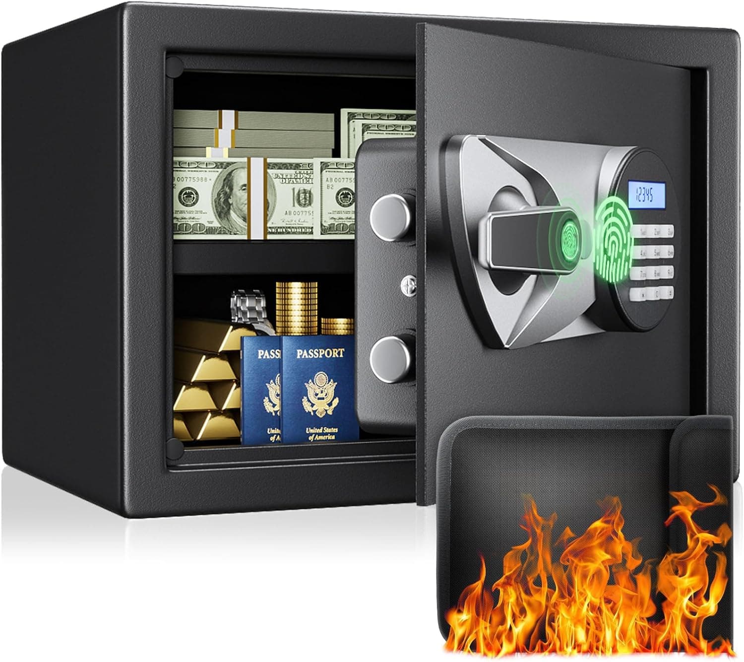Blacksmith SAFEHome Safe Cofre biométrico de 0,9 filhote com alça de desbloqueio de impressão digital, prateleira removível, cofre de segurança para joias de escritório em casa valiosas