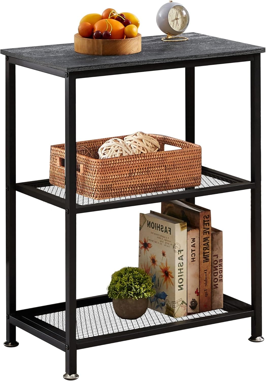 VECELO Mesas laterais, mesa de cabeceira de 3 camadas com moldura de metal, mesinhas de cabeceira estreitas para quarto, sala de estar, corredor, retrô, cinza carbono