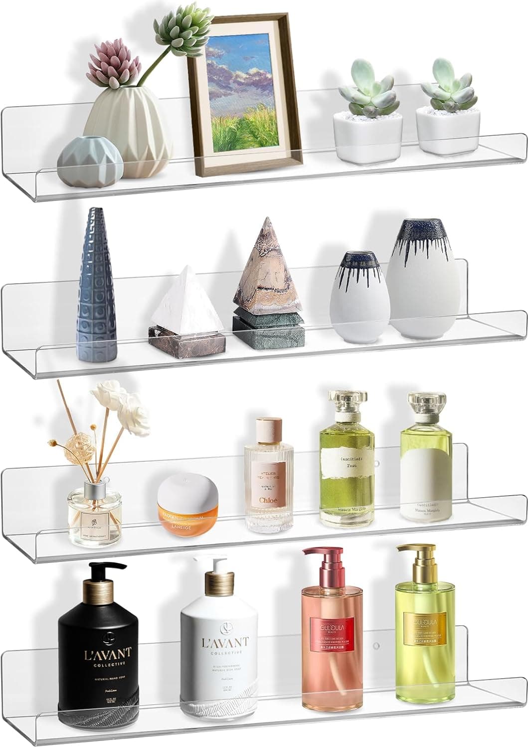 AMEITECH Pacote Com 4 Prateleiras Flutuantes Para Parede, Prateleiras De Acrílico De 15" Para Decoração De Quarto, Estante De Livros Para Crianças, Organizador De Prateleira De Exposição Transparent