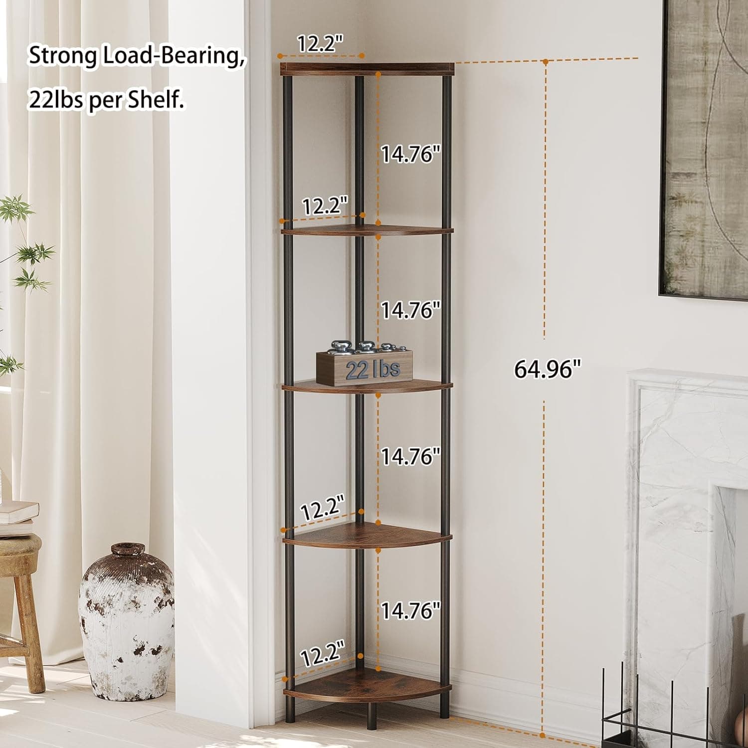 SUNMORY Suporte de prateleira de canto de 5 camadas, prateleira de canto industrial de 165 cm para decoração de sala de estar, prateleira de canto de parede, organizador de várias unidades, suporte - Imagem 3