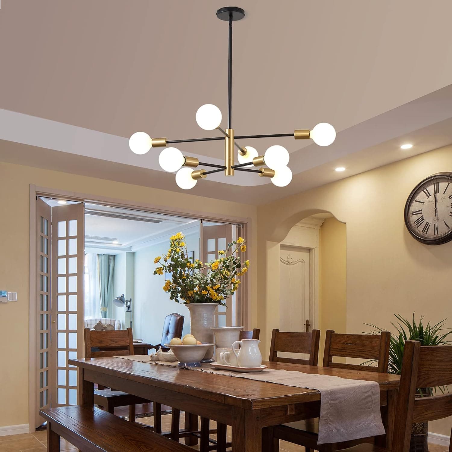 KAISITE Lustre Sputnik moderno – Luminária de teto com 8 luzes, altura ajustável, acabamento de meados do século, lustre preto e dourado para quarto, sala de estar, sala de jantar, cozinha, foyer - Imagem 4