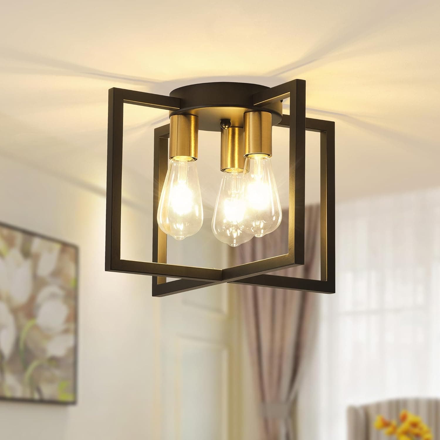 Luminária de Teto com 3 Lâmpadas, Lustre de Montagem Semi-Embutida Preto e Dourado com Abajur de Metal Geométrico, Iluminação Industrial de Fazenda para Cozinha, Sala de Estar, Quarto, Hall de