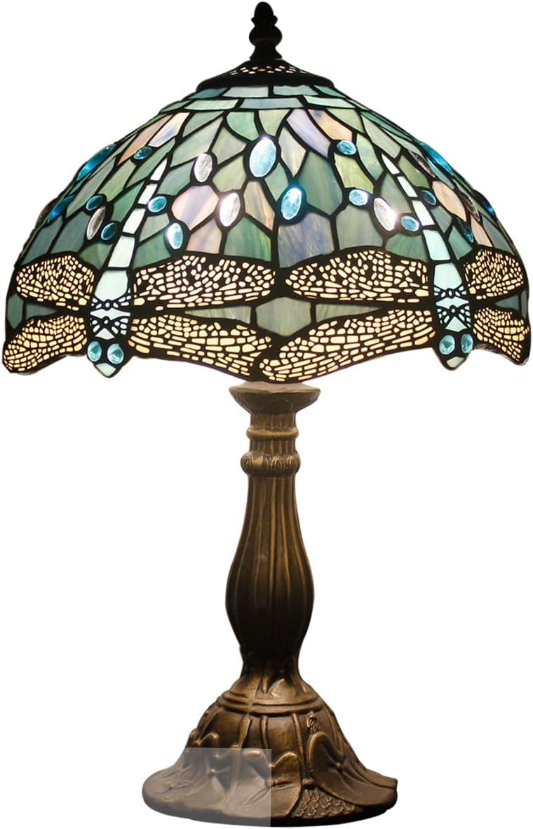 Luminária de mesa Tiffany azul mar vitral libélula estilo luxo boho banker memória lâmpada simpatia cabeceira mesa de leitura luz 45,72 cm altura WERFACTORY quarto sala de estar fazenda hotel