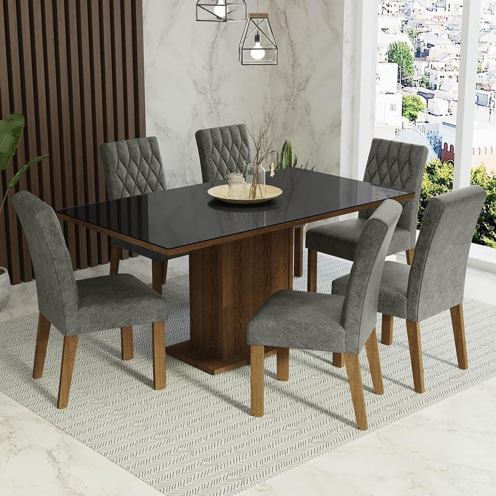 Conjunto Sala de Jantar Mesa Tampo de Vidro 6 Cadeiras Rustic/preto/silver Geórgia Madesa
