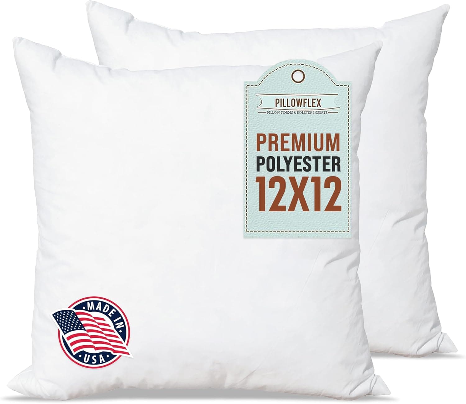 Travesseiro com enchimento de poliéster premium da Pillowflex – Lavável na máquina feito nos EUA, Branco, 12 x 12 Set of 2, 2